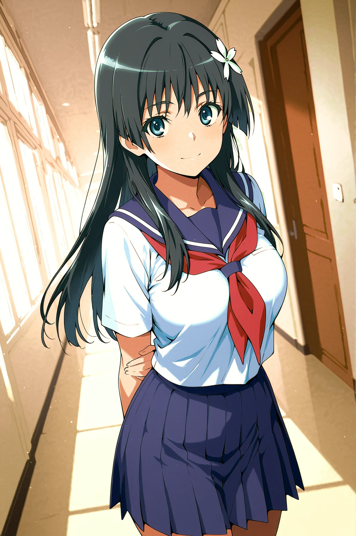 score_9,score_8_up ,score_7_up ,score_6_up ,score_5_up ,score_4_up ,(source_anime), clip skip:2,(masterpiece:1.3), (cowboy shot),saten ruiko, black hair, blue eyes, long hair, hair ornament, flower ornament,, blue skirt, pleated skirt, sakugawa school uniform, school uniform, serafuku, skirt, summer uniform,, school hallway, 更衣室,, everyday life, , looking at viewer, hand behind back, elbow bent, solo,, cowboy shot, dutch angle,light smile,large ,