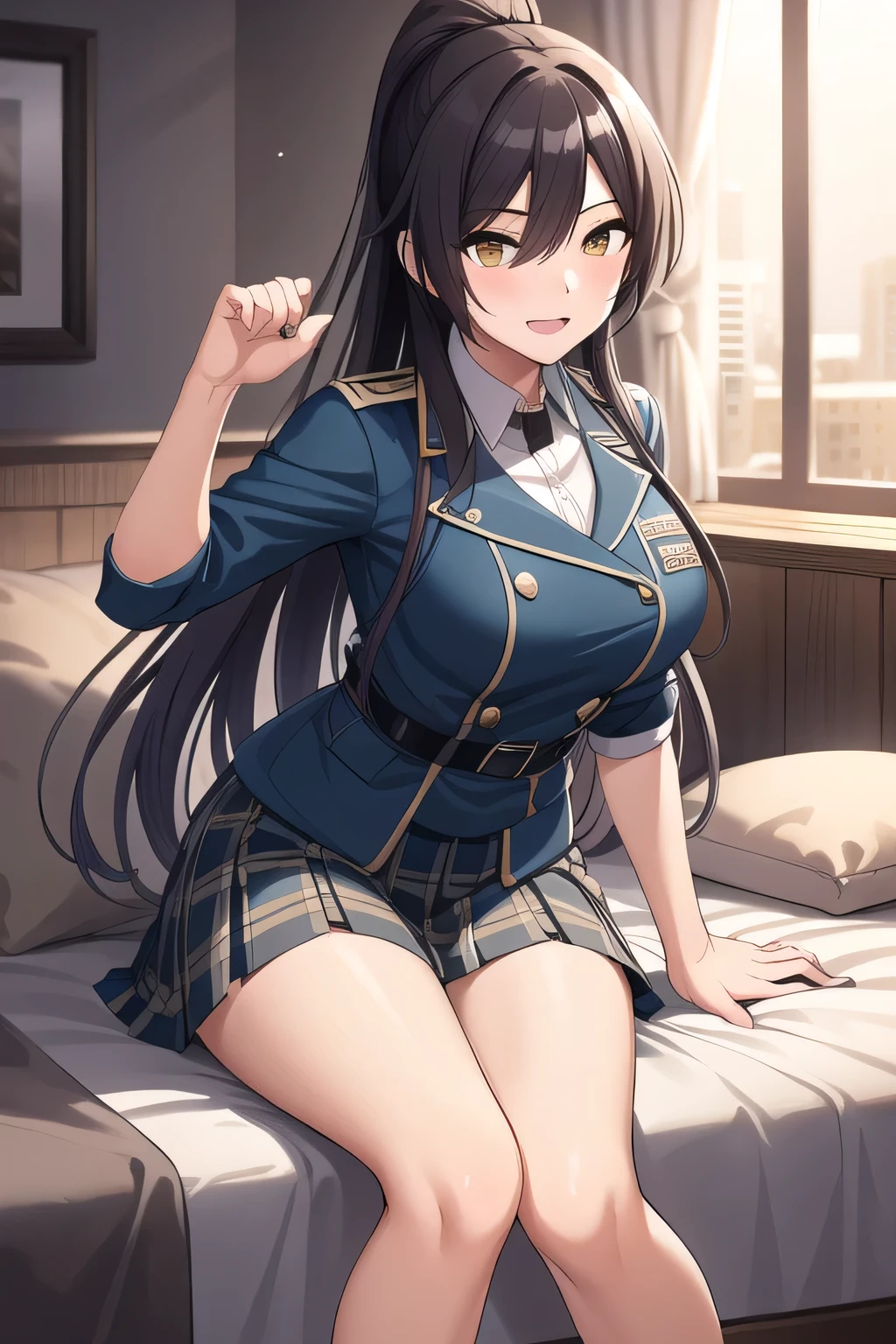 can you draw a woman throwing pillows、Smiling lovely woman,playfully with everyone,naughty、Pillow Fight女性を描けますか,I have a pillow in my hand,bedding,Pillow Fight,Inside the building,Please draw a picture of me fighting with everyone,black hair long hair ponytail,uniform ,Please accurately depict her hands and legs,20-year-old adult female,can you draw a woman with lots of chocolate,BIG BREASTS、tight waist,can you draw a dark blue pleated skirt,draw her expression more delicately,playfully playing with everyone ,,