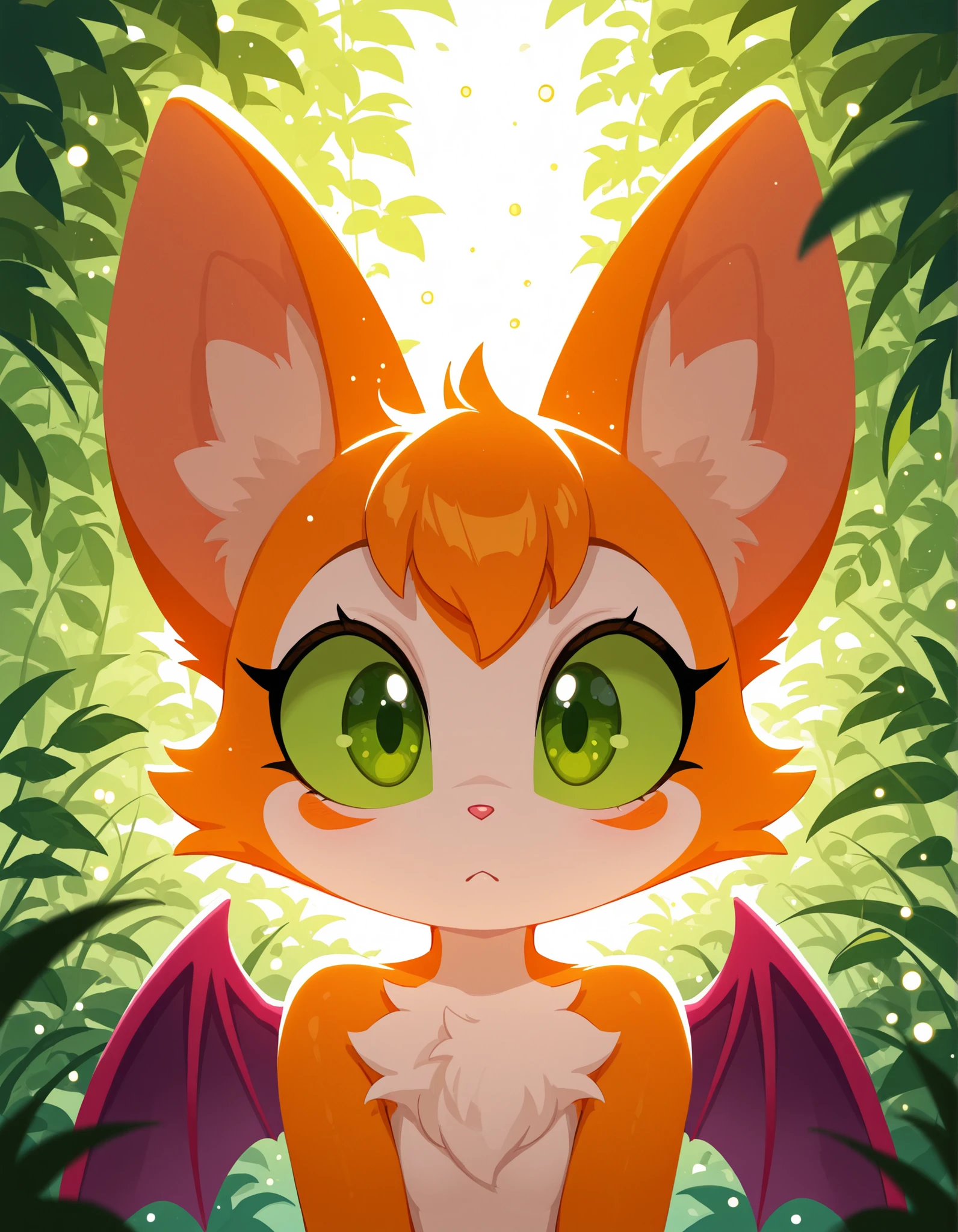 no lineart,, masterpiece, best quality, very aesthetic, (1girl:0.7),, (solo:1.3), furry, fidget \(elysian tail\), nimbat, fidget_daet, anthro, furry female, wings, tail, green eyes, colored sclera, bat wings, facial markings, orange fur, white fur, two-tone fur,membranous wings, fluffy, portrait, big eyes, young, BREAK, masterpiece, best quality, high quality, particles effect, [:by Desubox:0.15], [:by Anchee, by Snowskau:0.55], detailed background, detailed foreground, subtle shadows, depth of field, backlighting, plant, nude