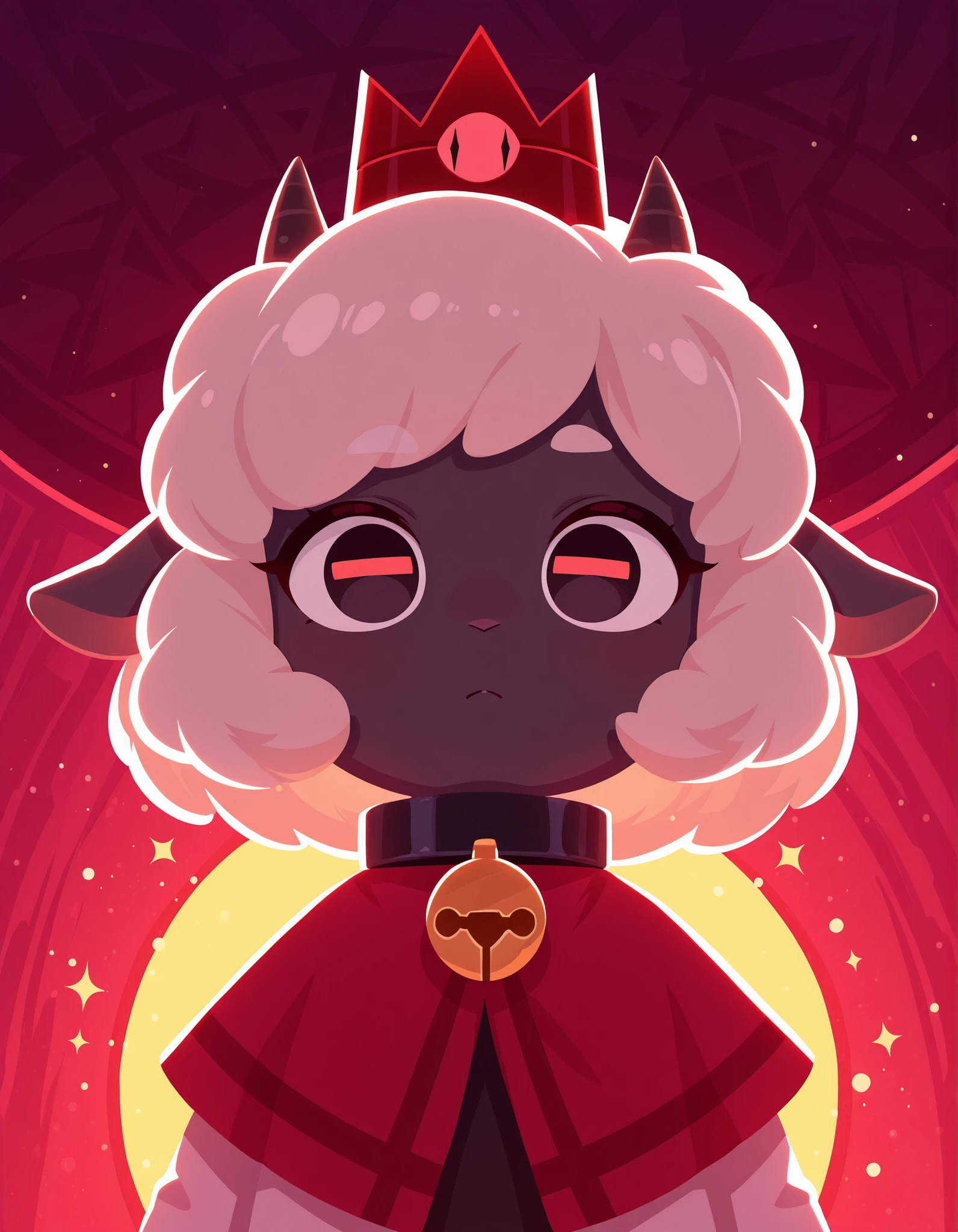 no lineart,, masterpiece, best quality, very aesthetic, 1girl, solo, cult of the lamb, sheep girl, collar, horizontal pupils, red/black eyes, red crown,