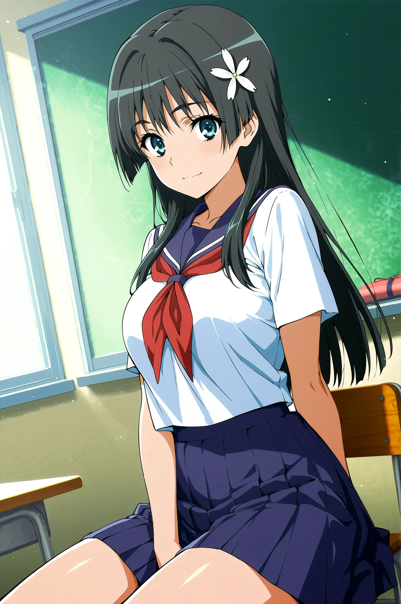 score_9,score_8_up ,score_7_up ,score_6_up ,score_5_up ,score_4_up ,(source_anime), clip skip:2,(masterpiece:1.3), NSFW,(cowboy shot),saten ruiko, black hair, blue eyes, long hair, hair ornament, flower ornament,, blue skirt, pleated skirt, sakugawa school uniform, school uniform, serafuku, skirt, summer uniform,,( classroom:1.2),sitting,, everyday life, , looking at viewer, hand behind back, elbow bent, solo,, cowboy shot, dutch angle,light smile,large breasts,hand between legs