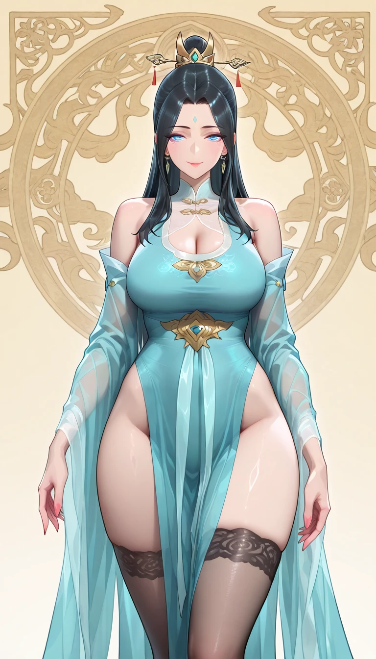 unparalleled masterpiece, ultra realistic 8k CG, perfect artwork, ((perfect female figure)),white and black hair, green eyes, mature female, milf, narrow waist, chinese deity, looking at viewer, seductive posture, sexy pose, alluring, clean, beautiful face, pure face, pale skin, absurdly long hair, (huge breasts), divine goddess, shiny skin, skindentation, lace, lace trim, lace-trimmed legwear, delicate pattern, intricate detail, (rich:1.4), prestige, gorgeous, luxury, royal palace, jewelry, gem, gold, silver, diamond, glint, sapphire, ruby, emerald, pearl, amber, obsidian,