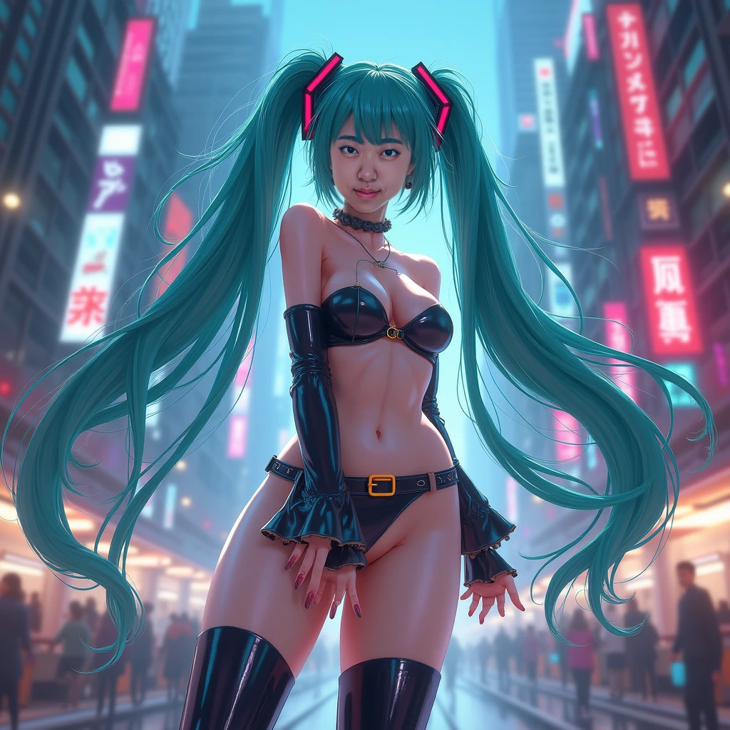 (Rear view, Vista trasera),( highest qualityr)、(obra maestra) , Mirai bikini rojo, cyberpunked、large buttockss、arrodillarse、Electronic visor attached to the face of a 12-year-old girl with emphasis on the buttocks、(minifalda mostrando bragas Blanco:1.4)  ,mirai red latex body,Moda cyberpunk、Pose sexy、(Usar polainas amarillas en la parte inferior del cuerpo、(Enlargement of senoondo Neon lights in the dark city at night.:1.4),motor irreal:1.4,UHD,La mejor calidad:1.4, fotorrealista:1.4, textura de la piel:1.4, obra maestra:1.8,obra-prima, mejor calidad,（Beautiful and detailed eye description）,( neon pink cyborg),(Perfect anatomy),(convexo ,Dedos detallados:1.4), body Ciborg Mirai bikini , (Mirai:1.4), (bikini rojo:1.4) ,fondo ciudad Tokio cyberpunkAI color,  (neon yellow bikini:1.4)
