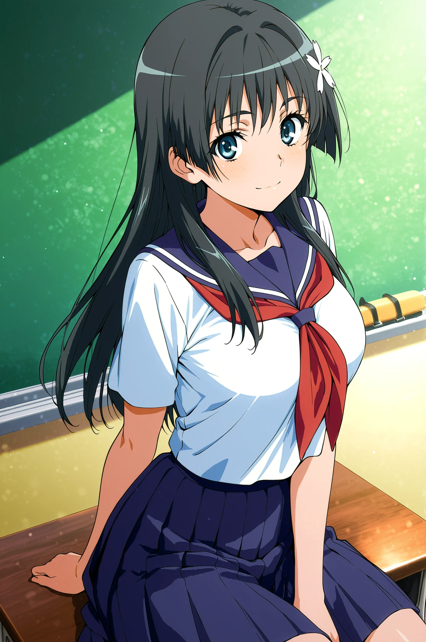 score_9,score_8_up ,score_7_up ,score_6_up ,score_5_up ,score_4_up ,(source_anime), clip skip:2,(masterpiece:1.3), NSFW,(cowboy shot),saten ruiko, black hair, blue eyes, long hair, hair ornament, flower ornament,, blue skirt, pleated skirt, sakugawa school uniform, school uniform, serafuku, skirt, summer uniform,,( classroom:1.2),sitting,, everyday life, , looking at viewer, hand behind back, elbow bent, solo,, cowboy shot, dutch angle,light smile,large breasts,hand between legs