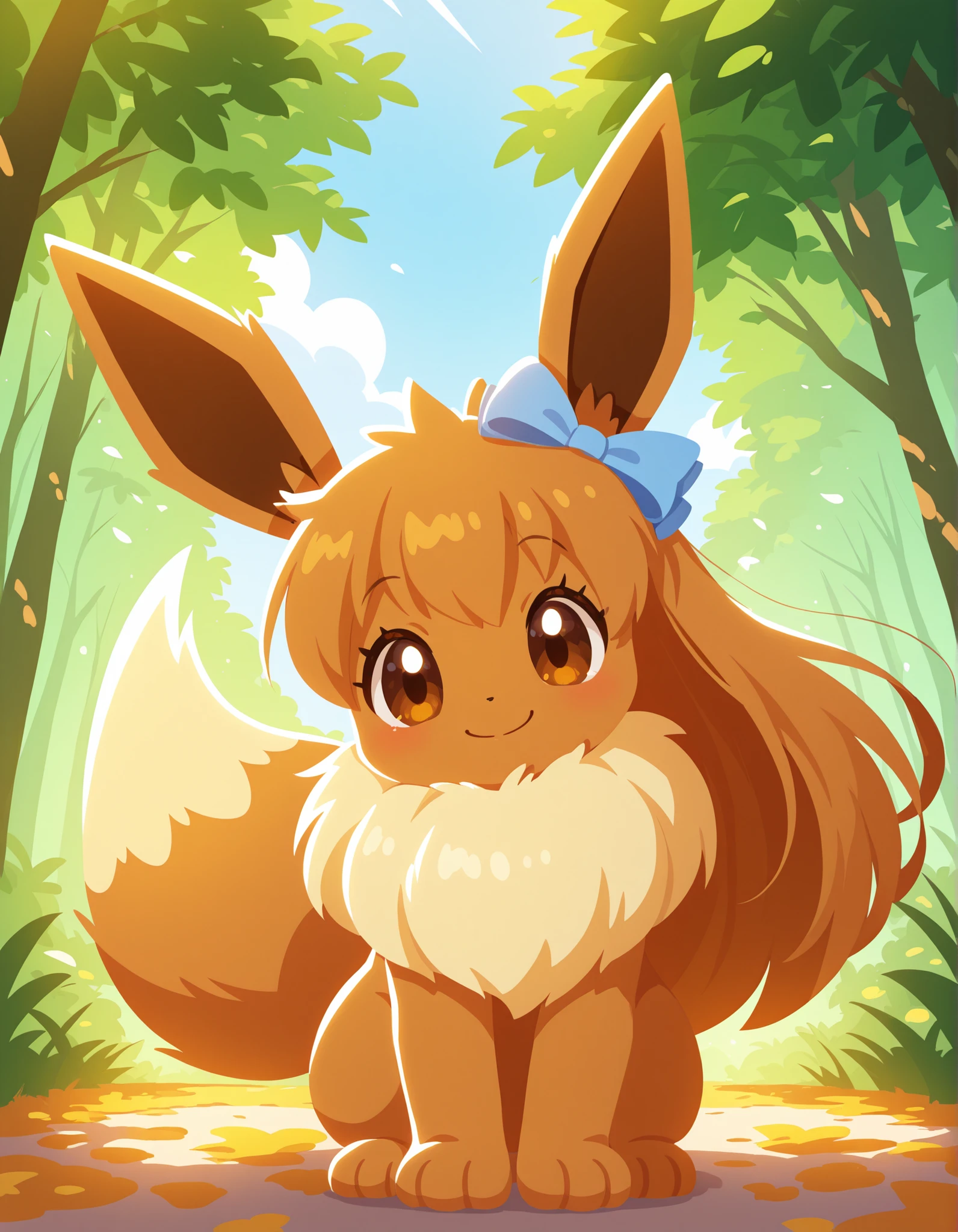 no lineart,, pokekid, eevee, fluffy girl, furry girl, female, smile, smiling, has a big pretty bow in her hair, has animal paws for hands, 1girl, best quality, outdoors, high definition, cute,