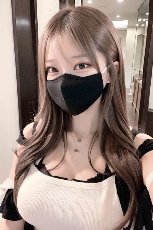 ((midnight, highest quality, 8K, masterpiece :1.3)), whole body, long legs, sharp focus :1.2, beautiful woman with perfect figure :1.4, thin abs :1.1, ((dark brown hair, big breasts :1.2)), (white tight t-shirt, jean bib, Are standing:1.2), ((View of the city at night, rooftop:1.3)), Highly detailed face and skin texture, fine eyes, double eyelid,Wearing a black mask