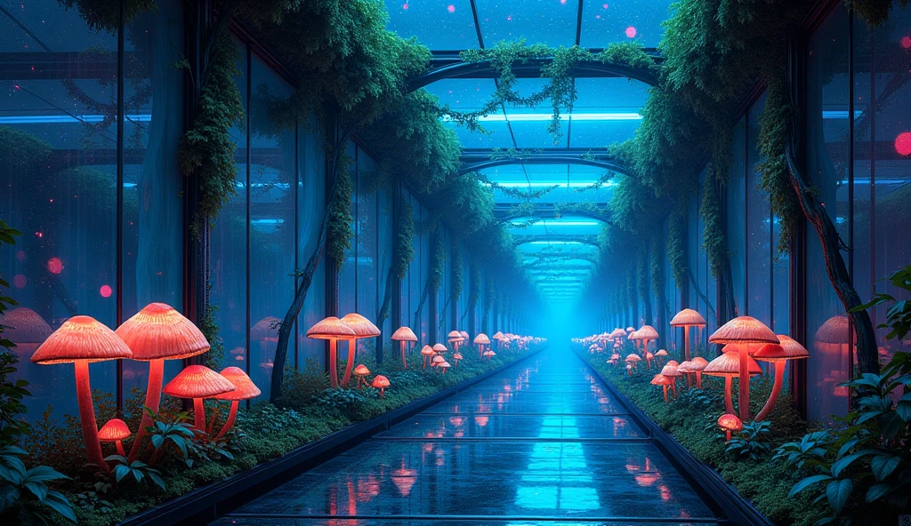 Digital Lofi futuristic painting of a modern glass walkway covered with ...
