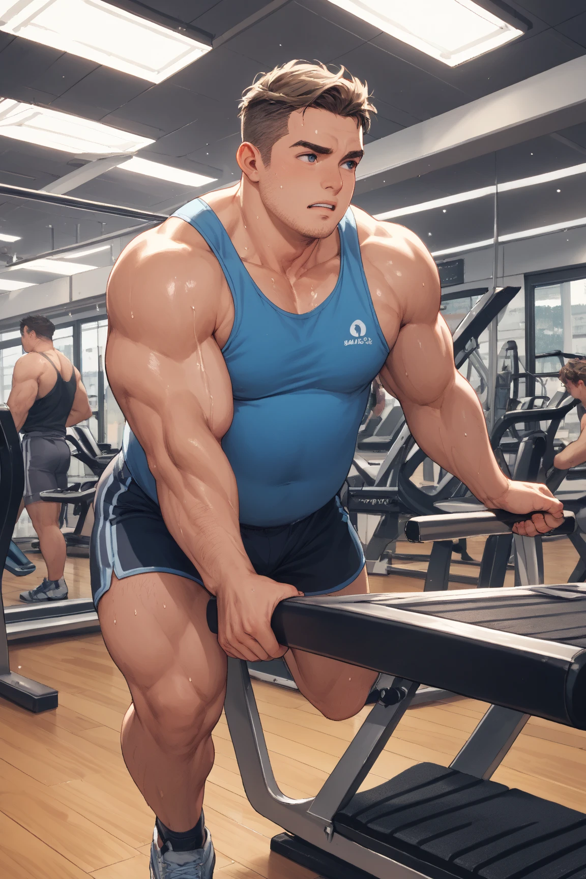 Masterpiece, Best quality, Korean mans, gym background, muscle body, Natural eyes, large bulge, short detailed hair, Sexy guys, looking at viewert, top less, Black briefs, Triangle men's underwear, a little, standing, musculature