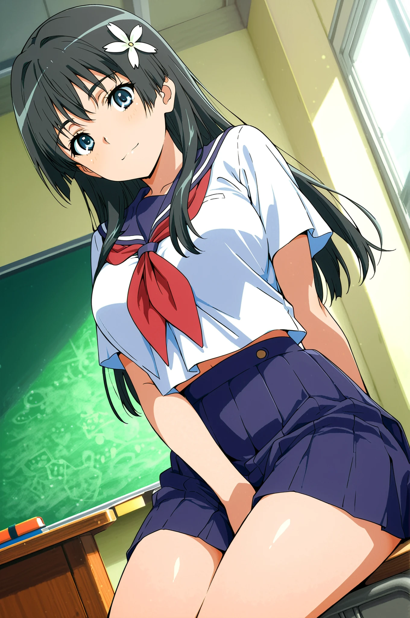 score_9,score_8_up ,score_7_up ,score_6_up ,score_5_up ,score_4_up ,(source_anime), clip skip:2,(masterpiece:1.3), NSFW,(cowboy shot),saten ruiko, black hair, blue eyes, long hair, hair ornament, flower ornament,, blue skirt, pleated skirt, sakugawa school uniform, school uniform, serafuku, skirt, summer uniform,,( classroom:1.2),sitting,, everyday life, , looking at viewer, hand behind back, elbow bent, solo,, cowboy shot, dutch angle,light smile,large breasts,hand between legs,from below,