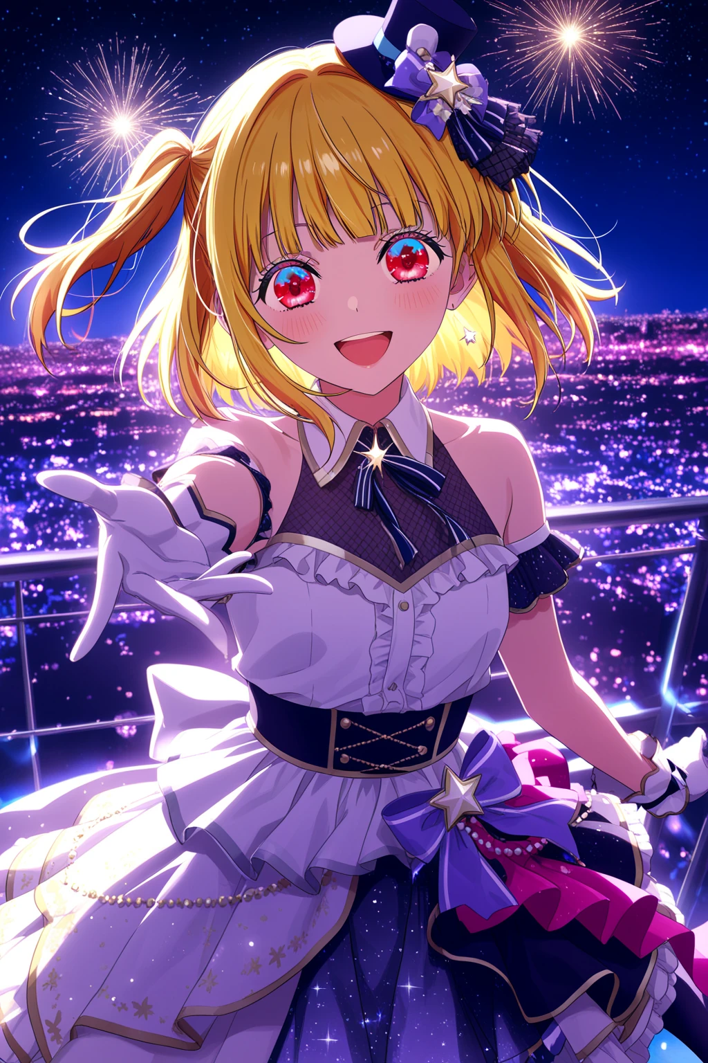 (best quality:1.1), (masterpiece:1.4), 1girl, solo, (medium breasts:1.1), smile, blush, (off-the-shoulder:1.2), (Strapless:1.4), black-yellow-pink jacket, baseball cap, holding microphone, on stage,