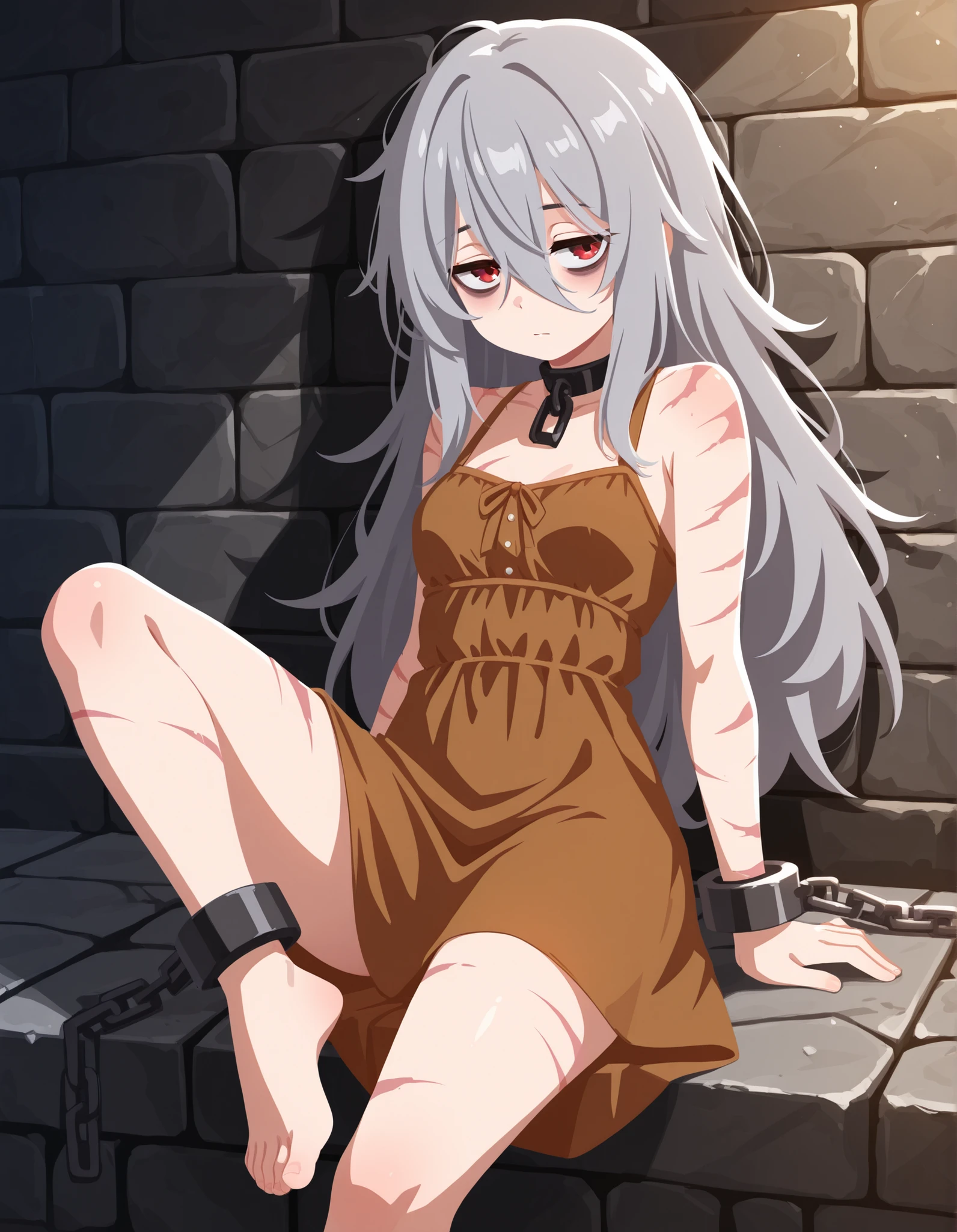no lineart,, stone wall background,1girl, solo, (red eyes), choker, shackles, chains, cowboy shot, open legs, sitting, feet, toes, hands on the sides, OverallDetail, komekko,, (masterpiece, best quality, absurdres), 1girl, solo, small breasts, dark gray hair, long hair, gray eyes, bags under eyes, scars, burn scars, malnourished, depressed, innexpressive, brown dress, sundress,