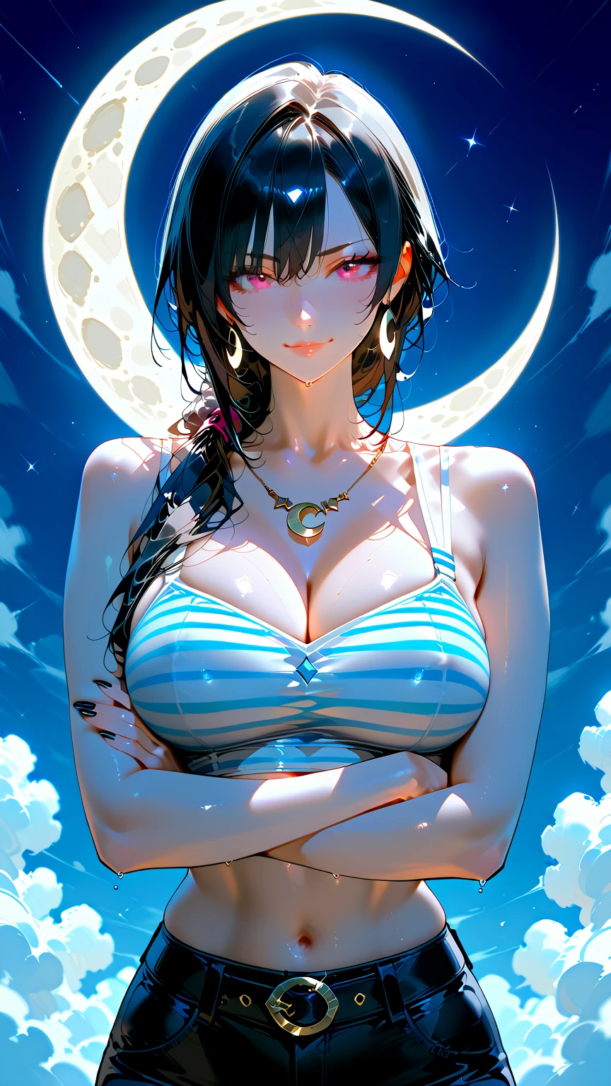 mature female, black hair, very long hair, ponytail, blue eyes, blush, open smile, bra, transparent cleavage, see-through, cleavage, miniskirt, erect, huge ass, medium breasts, thick thighs, mall, red moon, 1girl, masterpiece, best quality, (highres), absurdres, 4K, 8K, 16K, beautiful face, beautiful body, symmetrical face, gorgeous, deep eyes, realistic shaded, stunning, intricate, hyper-detailed, highly detailed, sharp, smooth, sharp focus, realistic, anime, manga, ((ringed eyes)),