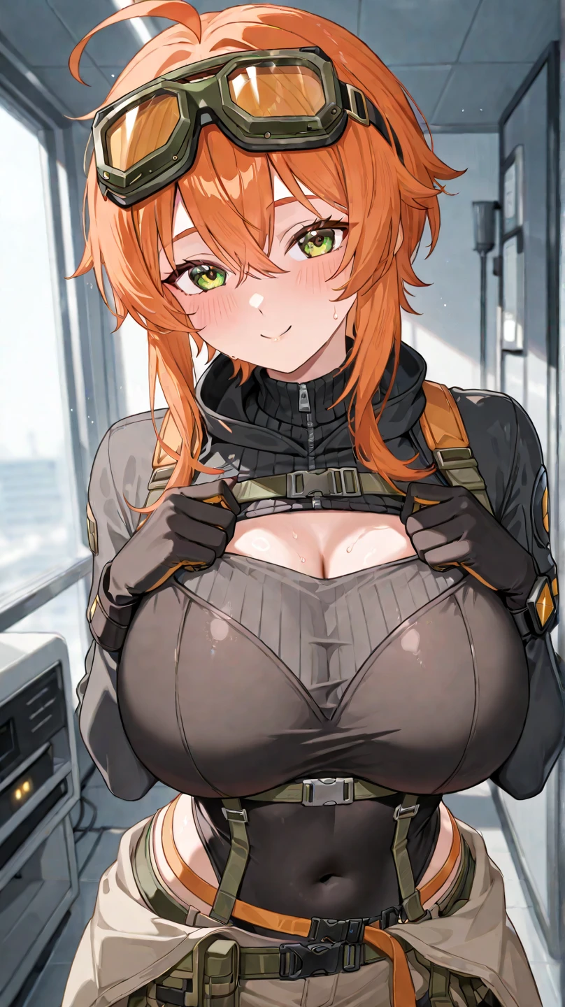 female soldier, exercised body, well defined, marked arms, exercised abdomen, toned body, beautiful, mischievous look, big eyelashes, Big nose, green eyes, redhead, sexy, slutty, medium breasts, Great cleavage, military uniform, very tight clothes, Revealing clothing, NSFW, nip slip, areola outside of clothing, marked nipples.
