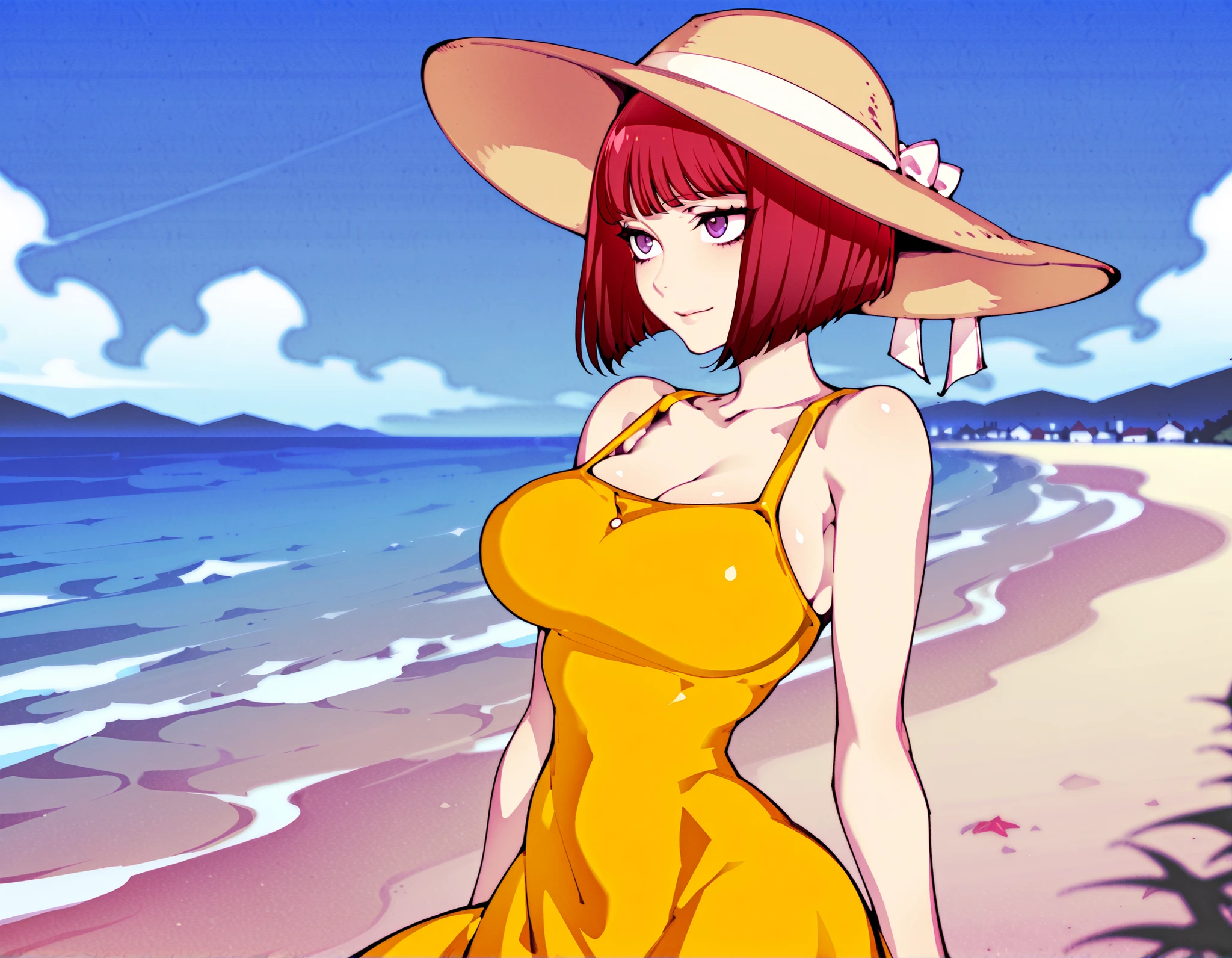 Source_anime, fishine style, 1girl, solo, redhead BREAK 

Red hair, short hair, bob_cut, purple eyes, large breasts, narrow waist, curvacious body, hips BREAK 

Yellow sundress, bare shoulders, sleeveless, collarbone, sun_hat BREAK  

Looking away, light smile, closed mouth, standing, side view

Outdoors, blue sky, beach, coast plains, town