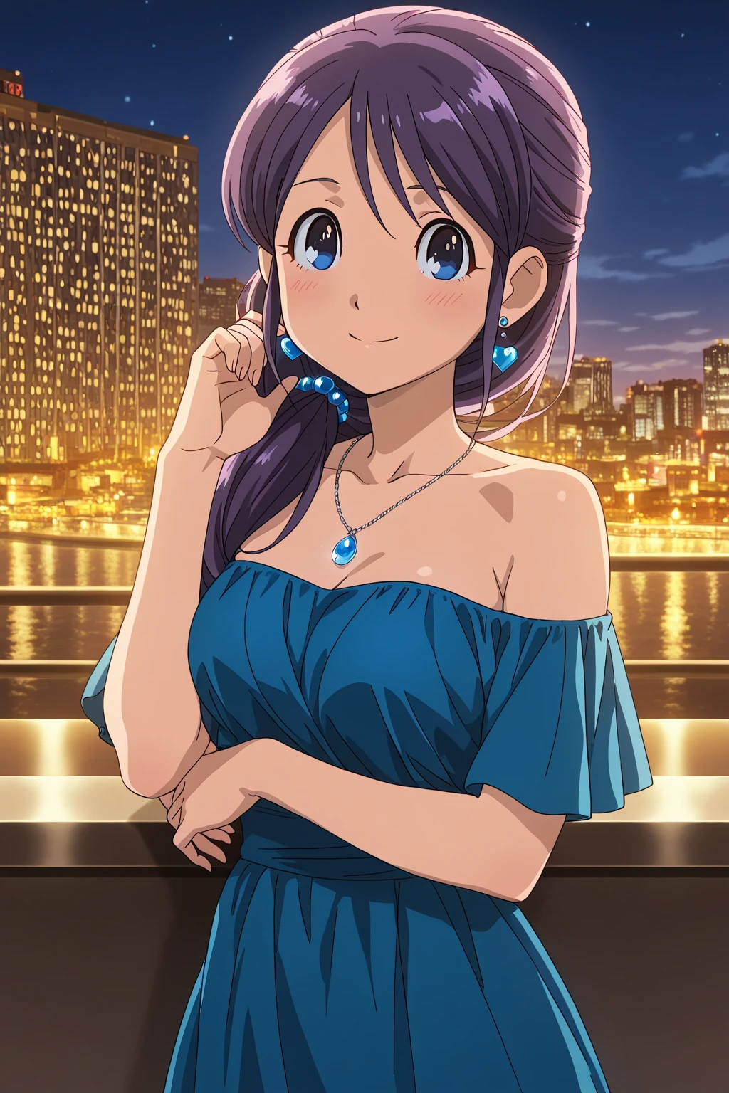 Aerith in harlet neck lock blue mini dress, mid shot, side shot  <lora:Aerith-TestVersion:1>, outdoors, Tokyo, Japan, Night Time, bokeh