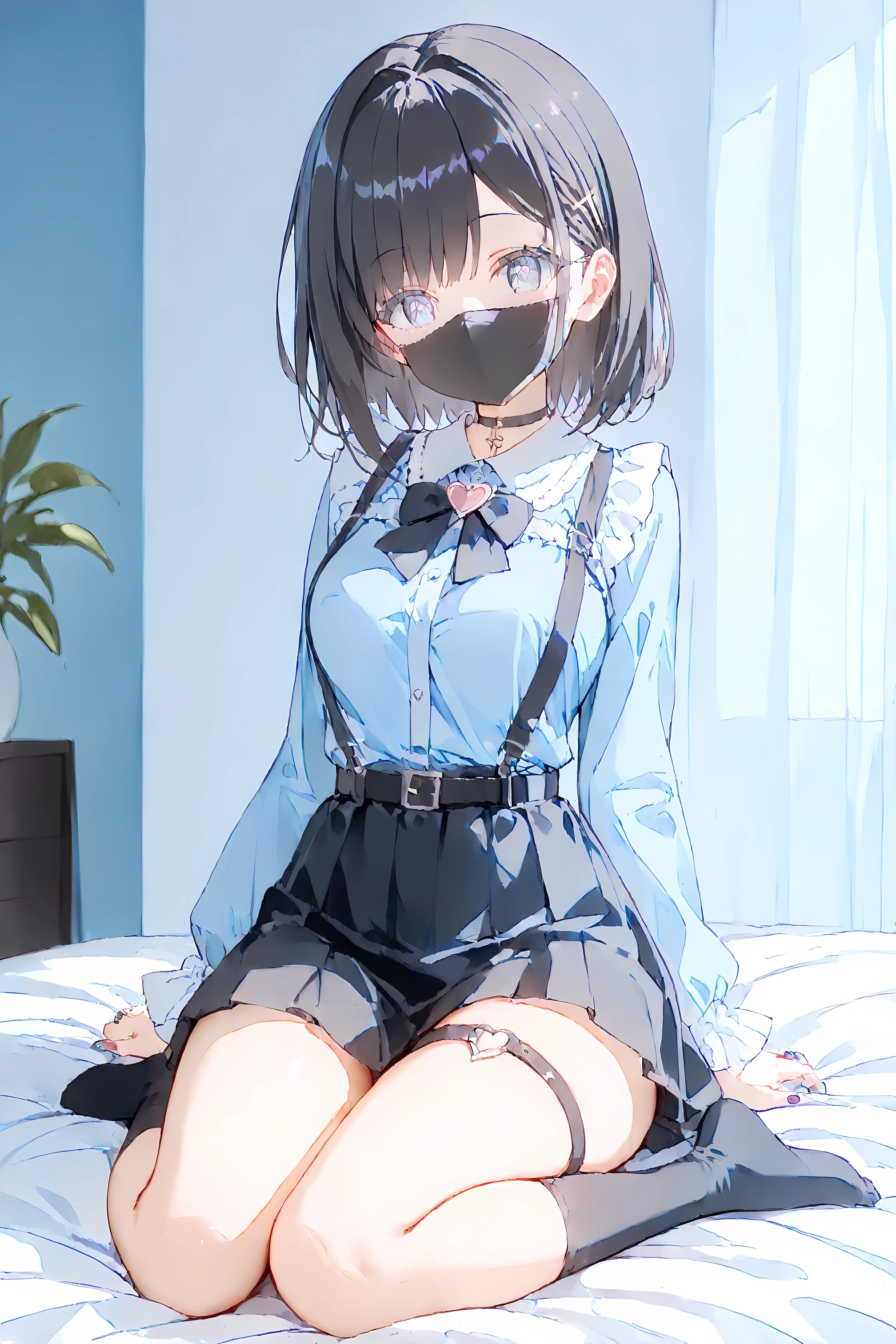 Hands Behind Back,Tied with hands behind back,lick,open mouth,tongue out,cum on tongue,front face,from front,front view,looking at viewer, looking ahead,from above,cowboy shot,1girl,Beautiful girl at 13 years old,Japanese,Slender,,low length,Small breasts,Thin legs,Small Ass,Baby Face,Small face,Black Hair,two side up,Black blindfold,blindfold,middle School girls,Sheer black and light blue negligee,lingerie,Collar with leash,Kneeling,Straight Stand,Beautiful and detailed anime art,Desire expression,crave,Sexy vibe,Dimly lit room,On the bed,Simple Background,Gray background,Low lighting,
