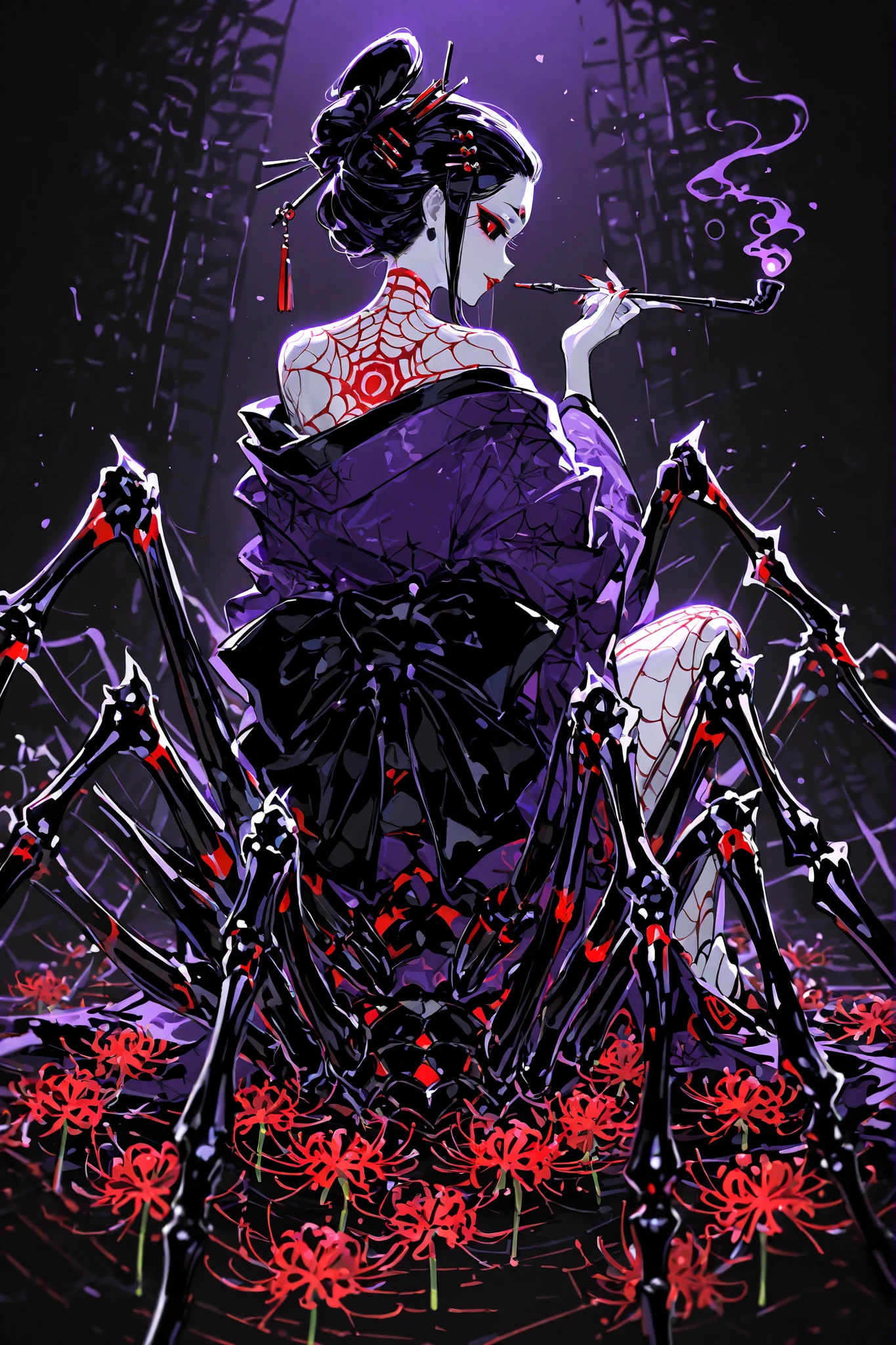 Japanese woman, arachne/drider, spider hybrid. (Her lower body is black widow spider:spider body, eight segmented articulated spider legs covered with red markings.) She has a white skin. She has red lipstick. she smiles slyly. She has jet black narrow eyes. she has red manicure and pedicure. She is half-naked wearing a black and purple kimono,embroidered with golden spiders and a black spider web. Her robe has a big black bow on the back. She has jet-black hair pulled back in a traditional Japanese geisha hairstyle and decorated with sharp gold hairpins. She has an Oriental smoking pipe in her hands. In the background:an ornate traditionally decorated Japanese hall, tatami mats on the floor,in room placed a Japanese paper screens with drawing of red and white spider lilies.