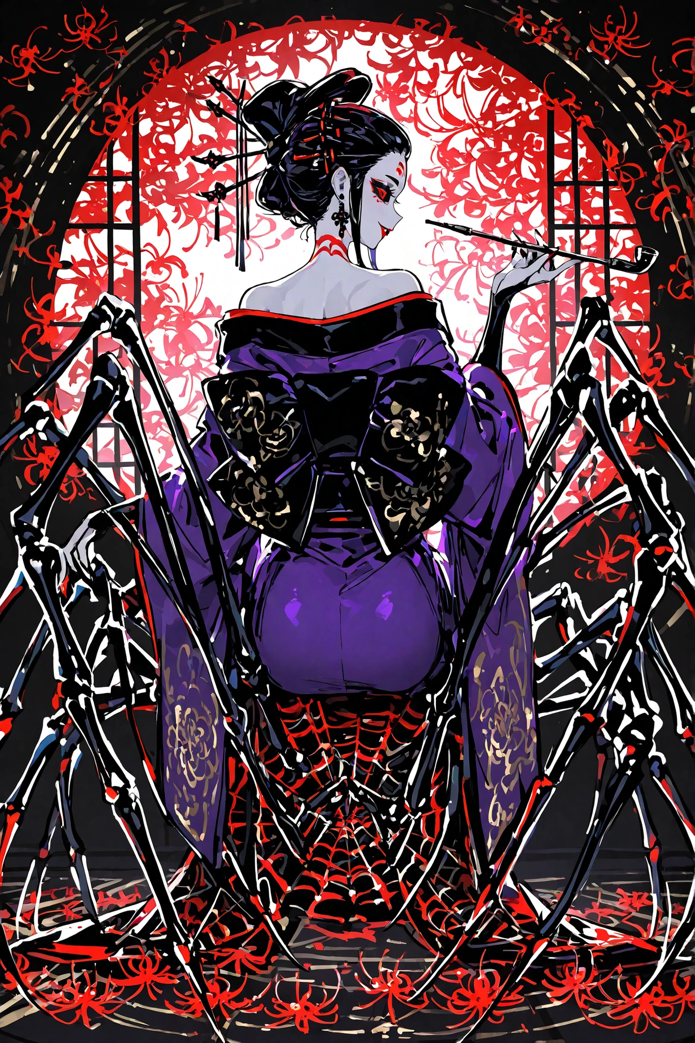 Japanese woman, arachne/drider, spider hybrid. (Her lower body is black widow spider:spider body, eight segmented articulated spider legs covered with red markings.) She has a white skin. She has red lipstick. she smiles slyly. She has jet black narrow eyes. she has red manicure and pedicure. She is half-naked wearing a black and purple kimono,embroidered with golden spiders and a black spider web. Her robe has a big black bow on the back. She has jet-black hair pulled back in a traditional Japanese geisha hairstyle and decorated with sharp gold hairpins. She has an Oriental smoking pipe in her hands. In the background:an ornate traditionally decorated Japanese hall, tatami mats on the floor,in room placed a Japanese paper screens with drawing of red and white spider lilies.
