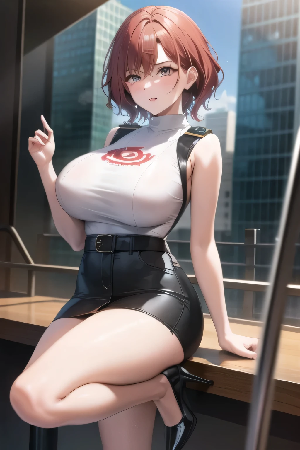 using cinematic lighting and ray tracing ， using cinematic lighting and ray tracing  short-haired woman with red hair，a cop wearing a miniskirt，，BIG BREASTSと更にBIG BREASTSを描いてください，using cinematic lighting and ray tracing マイクロミニスカート，Sleeveless Sweater，High Heels，  Attractive 20 Year Old Woman       ,        city tour    ,                                    , ,   BIG BREASTS, thin waist ， ,   ，can you draw a woman with lots of chocolate，accurate depiction of hands and feet，