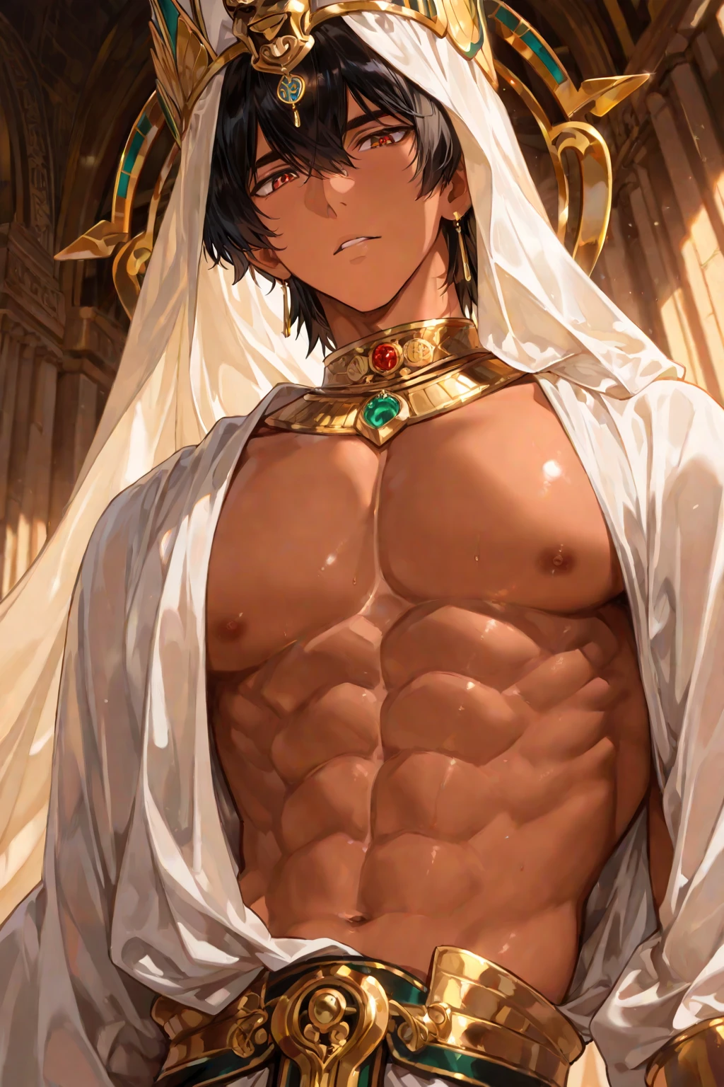 "(Ozymandias, de espaldas, trasero enorme, pose seductora, sonrisa arrogante, defined muscles, pecho prominente y grande, pecho musculoso enorme, musculos marcados, hombros anchos, poca ropa, fondo negro de estrellas, pecho descubierto, sin armaduras, SIN PANTALONES, sin armaduras doradas, pose sexy, poca ropa, tetas grandes, cuerpo sudado, piernas musculosas, tocandose las tetas de hombre, entrepierna marcada, gran pene, trasero enorme, VENAS MARCADAS, CUERPO MOJADO, con licor en el pecho, con crema en el cuerpo, cuerpo sudado)"