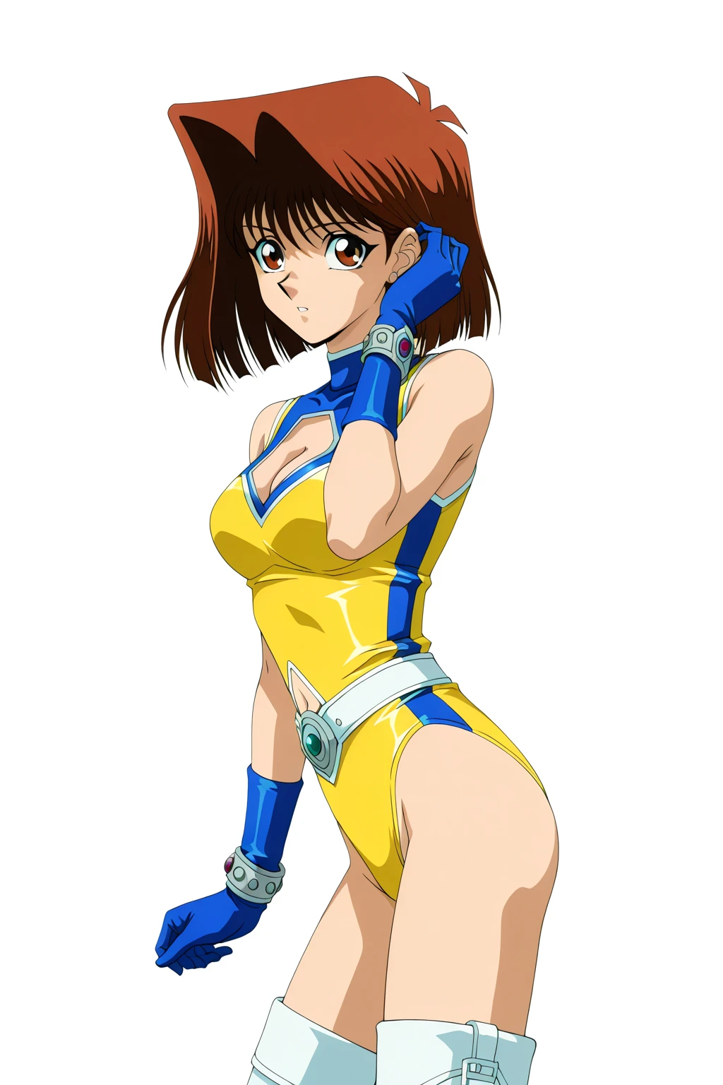 masterpiece, best quality, highres, 1girl, solo, superhero, leotard, blue and white leotard, bare legs, brown hair, short hair, brown eyes, hairband, medium hair, ribbon, boots, matching boots, blue boots, medium breasts, cowboy shot, standing, smile, city backdrop, haruhi suzumiya, kyoani haruhi style, sleeveless, blue sparkles, perfect body,