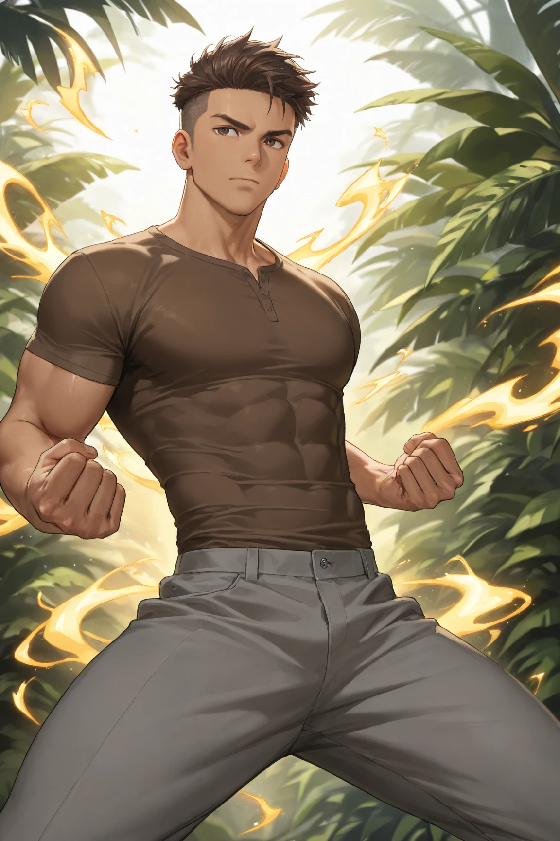 (masterpiece, Best quality 12 year old boy), 1 boy, adult, huge muscles, big body, Slightly modify the abdominal contour, Short blonde hair,brown eyes, complicated, Rainforest, Muscles sparkle in the sun,shirtless,Wearing khaki adventure pants,outdoor adventure boots,pained expression,bite lip, bright colors,(depth of field:1.2),looking at the audience, sit on stone, huge hyper muscle, hands up