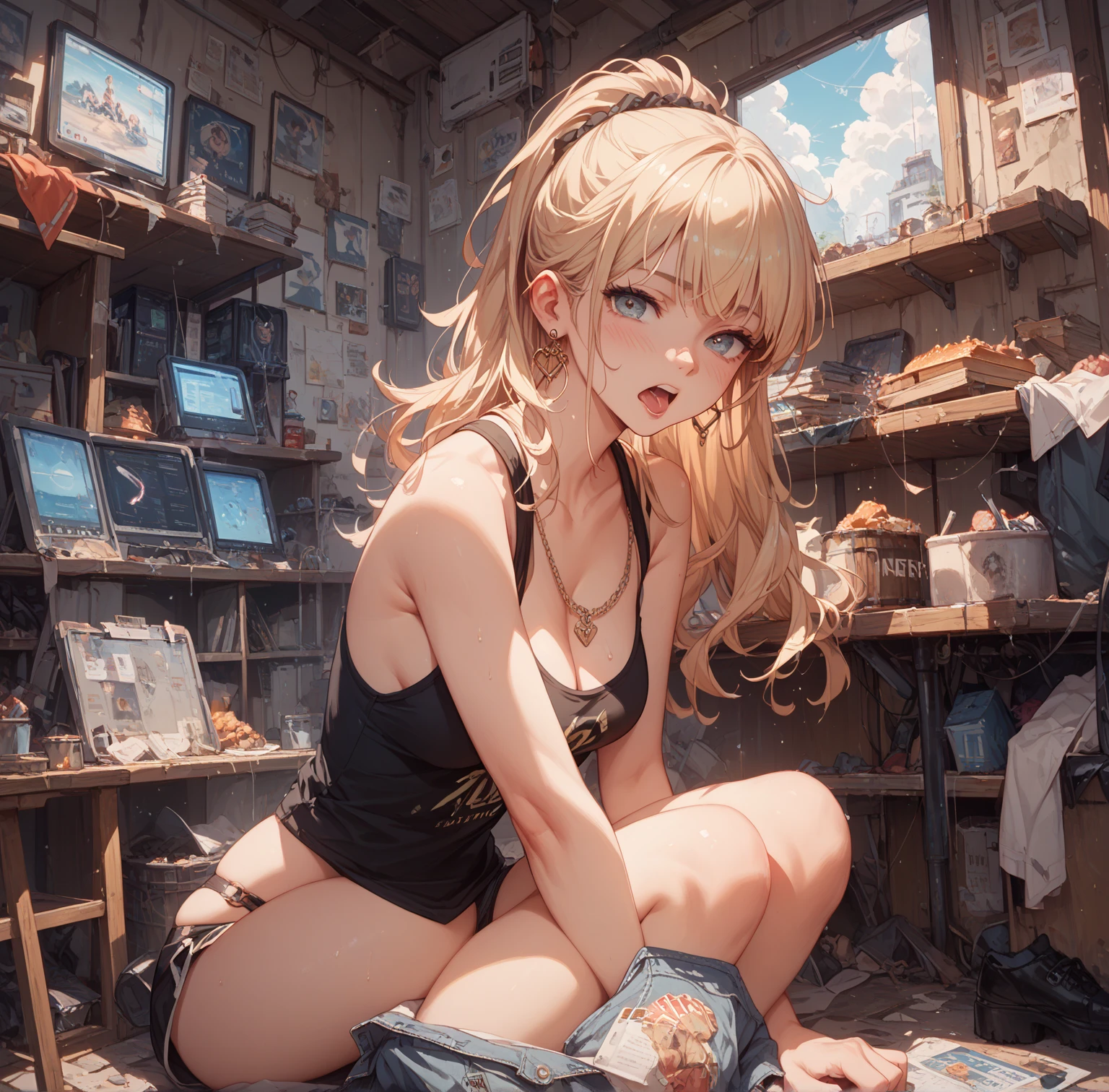red blonde、blue eyess、one good looking girl、独奏、animesque、Plaid miniskirt、Black T-shirt、camisole、the woods、Sunlight、inside in room、Gah、Frolicking、electric fan、Hugging、ah、being sloppy