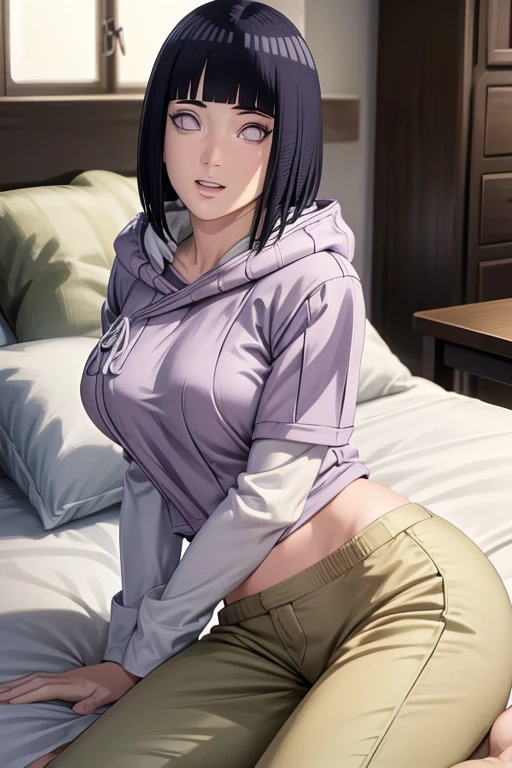 masterpiece, absurdres, 1 teenage girl, Age 15 old. Hinata\(Naruto shippuden], purplish hair, floating hair, hair tied in ponytail, Christmas ribbon on her hair. masterpiece, absurdres , (intricate details), (colorful),cinematic lighting,bust shot,extremely detailed CG unity 8k wallpaper 1girl, solo, Christmas Green Hat, Santa style green Hood unzipped jacket, Santa style green Bra, Santa style green Skirt, Santa style Socks. Black heels. Bedroom Background, lying on bed or sleeping position. snow falling. Hinata Attractive looking. athletic Abs detailed, biceps triceps pumped up, body sweat glow, sweat on her body, Slutty Wide hips, (Medium Breast) [Beautiful Curvy butt]. Heart shaped Lips, Painted Lips shine. detailed eyes, blushed, Adorable Facial, looking at viewer. Detailed eyes, Cute slutty Navel, Green Christmas costume Santa