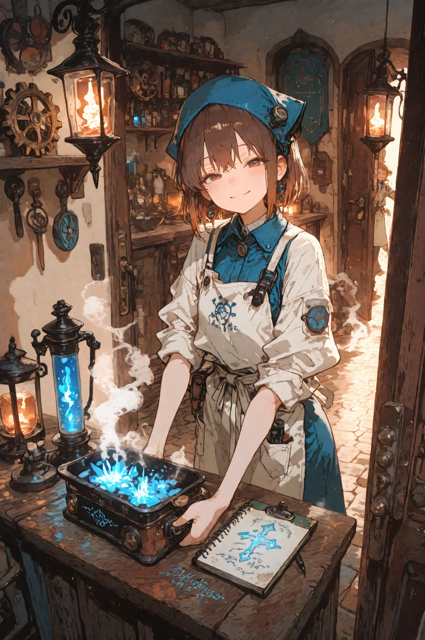 (masterpiece), (best quality), ultra-detailed, anime illustration style,
a charming girl standing at the counter of a fantasy appliance repair shop,
she wears a work apron over a slightly old-fashioned uniform, sleeves rolled up,
welcoming smile as she opens the door to greet a customer,
behind her: shelves cluttered with magical gears, glowing crystals, broken radios, enchanted kettles, potions and thick manuals,
soft warm lantern light illuminating the workshop, faint steam rising from a repaired device,
hand-drawn G-pen lineart, sketchbook-style ink wash shading,
antique palette of white, blue, and brown tones, with touches of brass and glowing runes,
atmosphere: cozy, whimsical, mixing everyday appliances with fantasy magic
