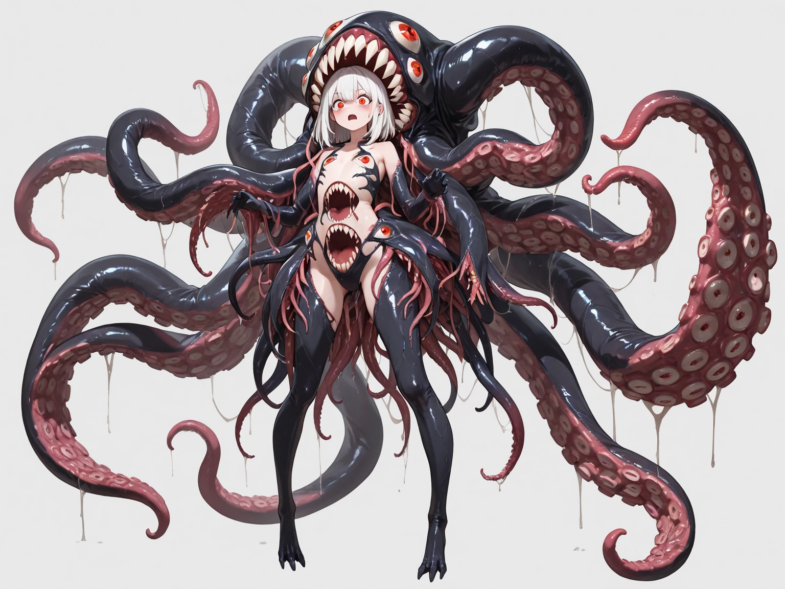 Super detailed, Very detailed,masterpiece,(Highest quality),(Super detailed),(Very delicate and beautiful),((erotic)),Completely naked, Two people kissing, Cheeking thick tentacles,  Bound by thick tentacles, ((Angle from the front)),M-shaped legs,  ((Thick tentacles inserted into vagina and ass)), Beautiful girl with straight silver hair,Red Eye ,Ecstatic expression, Sticking out tongue, , (((Black Tentacle Seedbed))), Thick tentacle in mouth,Tentacles sticking into ears,