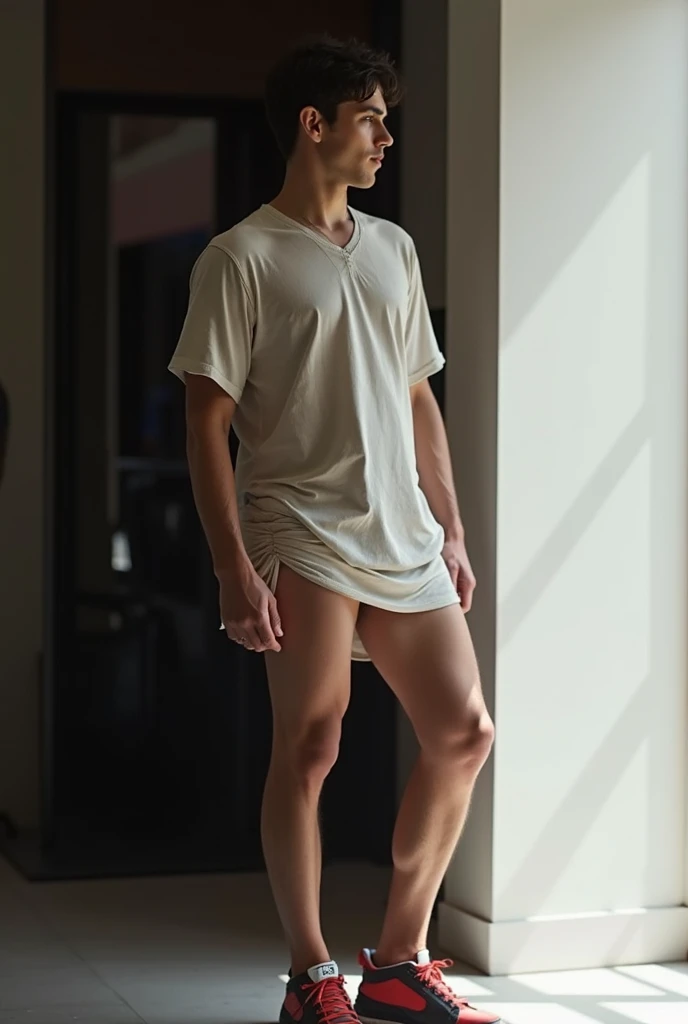 Fashion essay, with blonde male model, room with natural light, comfortable clothes