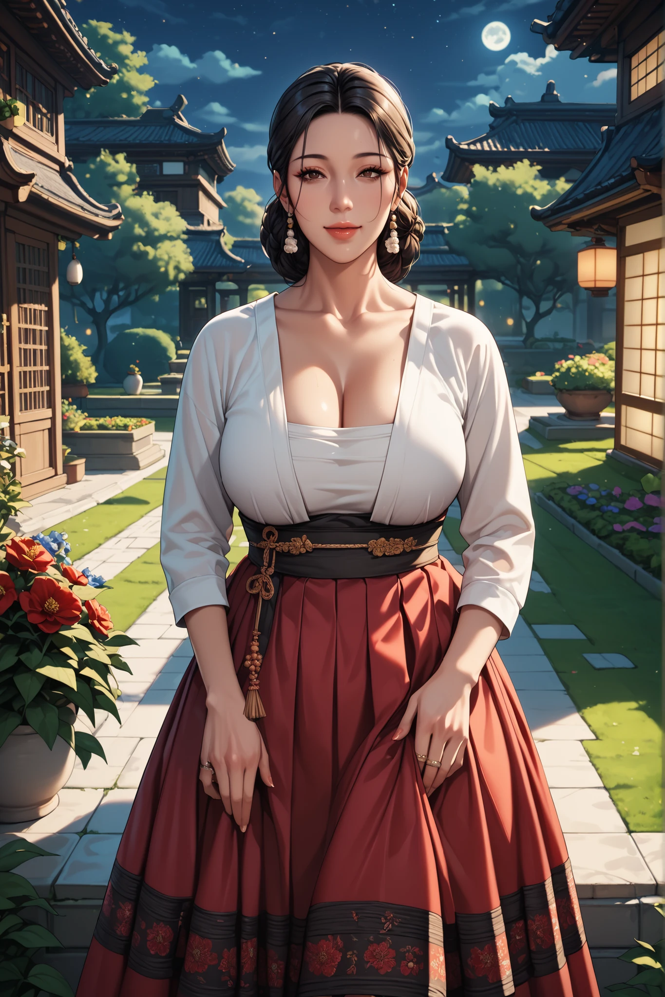 Ancient Korean Milf with Sexy and Big Breasts. mature face. dark eyes. black hair. Exposing and sexy Hanbok. red skirt. I'm walking through the garden. ((Night time)), (( Garden Background ))