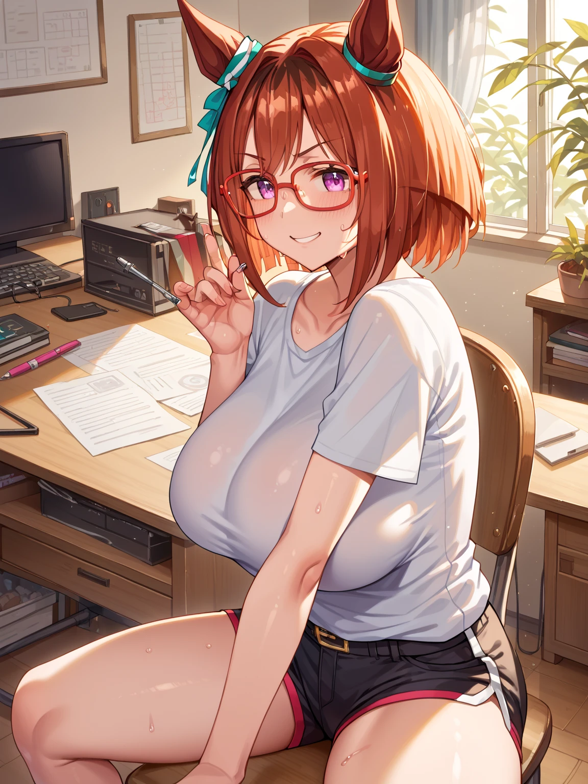 (masterpiece, highest quality:1.4), (Very detailed:1.2), {shape,Picturesque}, {Studio Light, Picturesque}, [Best Shadow],((1 girl))
(KonishiCSA)_(ShizumaCSA), (Alpha CDE:1.3)_(Gamma CDE:1.15),
break
(Perfect Anatomy), (Symmetrical eyes, Very detailed eyes, Beautiful Eyes), (Sharp eyeliner, Very detailed face, Beautiful Face), (blue eyes),(Short ponytail)
break
nice hands, Perfect hands, Guido Daniele,
break
1girl, alone,
break
Green leavesKC, (Green leaves), (hair) Scrunchie,(black) Knee socks, shoes,全裸
break
looking at viewer, Cowboy Shot, To the audience, smile, Open your mouth, (indoor, office, living room), (Hold the camera),
break
(From behind),((nsfw))