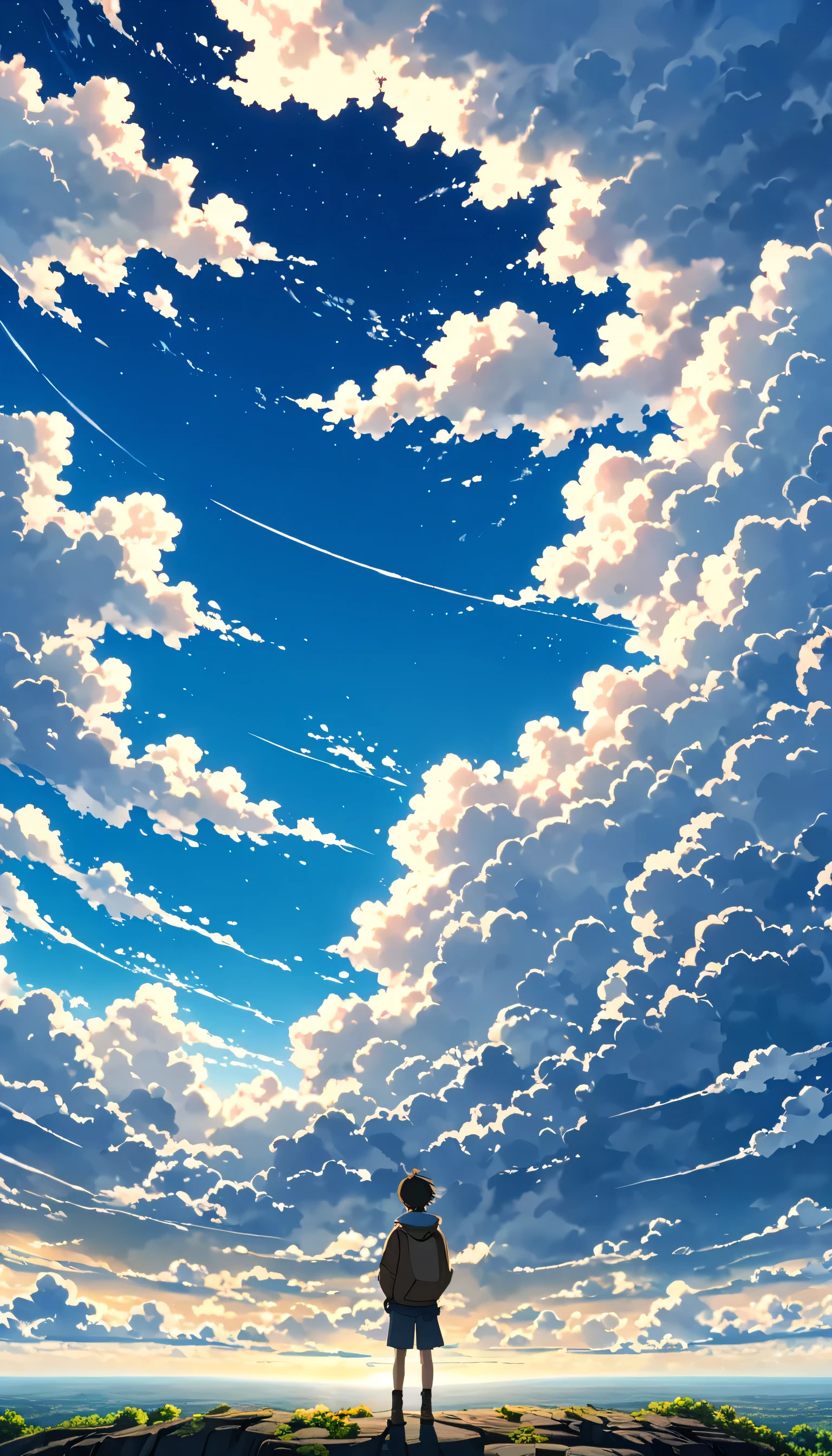 There is a sea of realistic clouds !!!!!。,cloudy, Anime-style textured clouds , a painting of a boy on the edge of an abyss !!! watching a vast sky , anime landscape, inspired by the beautiful scene of peace in the anime Los Hermanos , realistic anime realistic anime !!!!!!!!! Nostalgic animated art background , makoto shinkai!!, anime movie background the best of seaart hd 8k