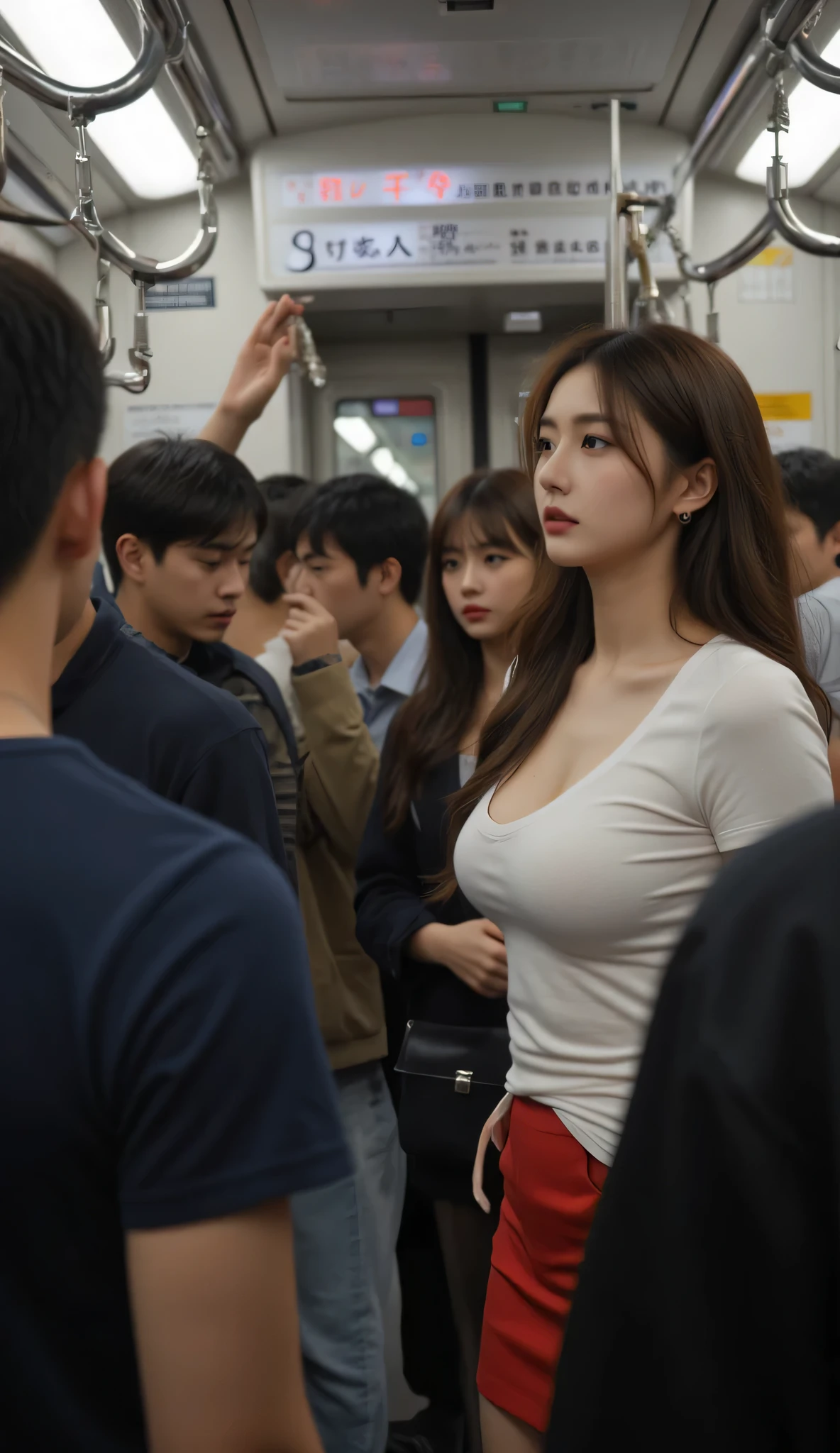 The atmosphere of the Japanese subway is crowded with passengers. All passengers stand facing the camera. Mixed between men and women. Among the male passengers is a beautiful woman about 40 years old, long wavy hair, wears a white short-sleeved T-shirt with a low cleavage, red mini skirt. She looks fretful because of the fighting among the men. With a chest size of 40 D, She looks hard to breathe. The woman's chest clings to the man's arm next to her. Tapi walaupun resah, Her beautiful face remains visible. Adegan realistis, sinematis, 8K. Kamera handheld medium close up.