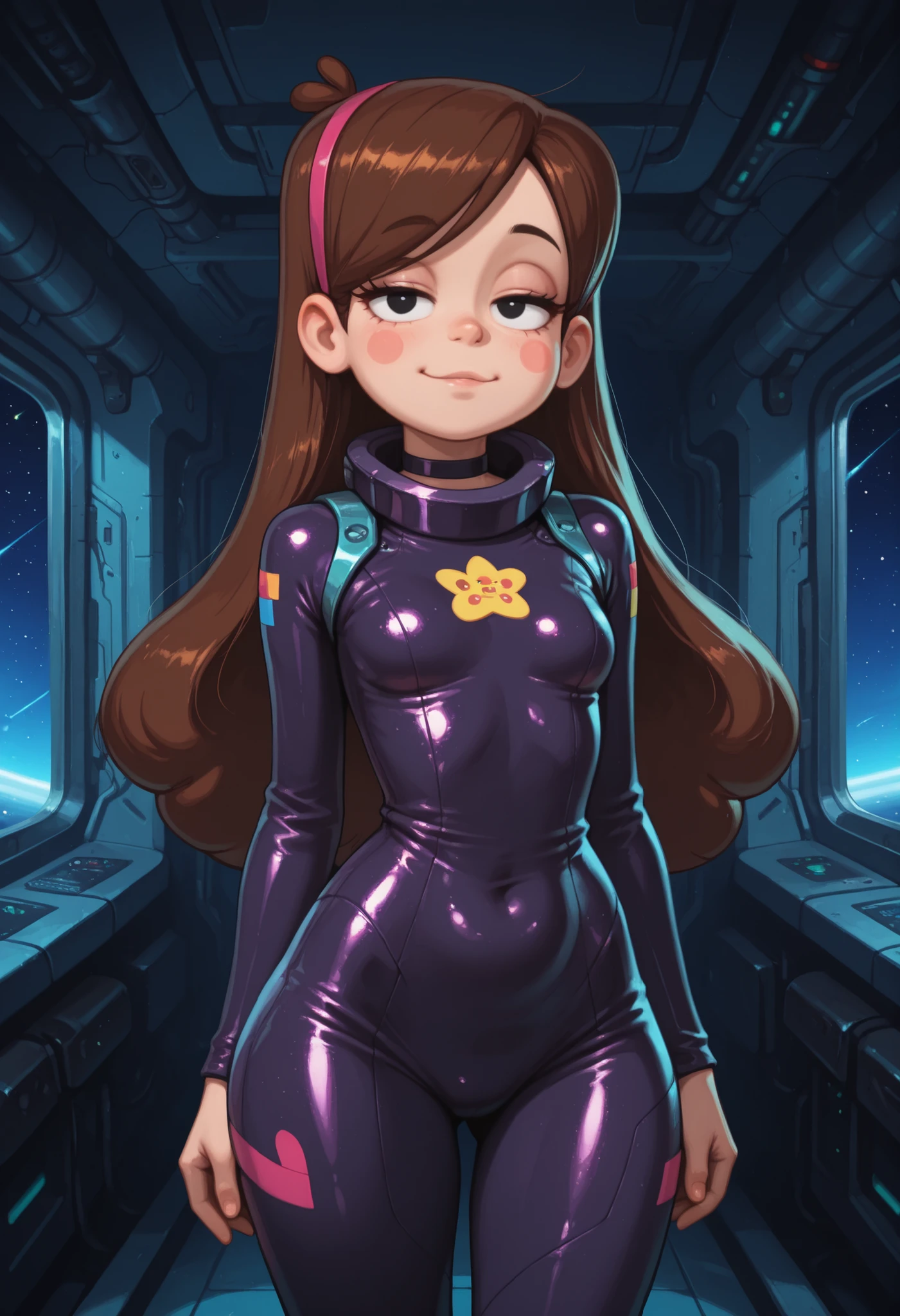 Mabel Pines, blush stickers, brown hair. black eyes. half-closed eyes, small breasts, huge hips. long eyelashes, choker. | ((best quality)), ((masterpiece)), (detailed), hyperrealistic, sci-fi, photo of a woman wearing engineeringsuit standing in a space station, shiny armor, realistic materials, dramatic lighting, wallpaper, intricate, sharp focus, ray tracing, rtx, professionally color graded, professional photography, high quality, 4k, 8k, raw