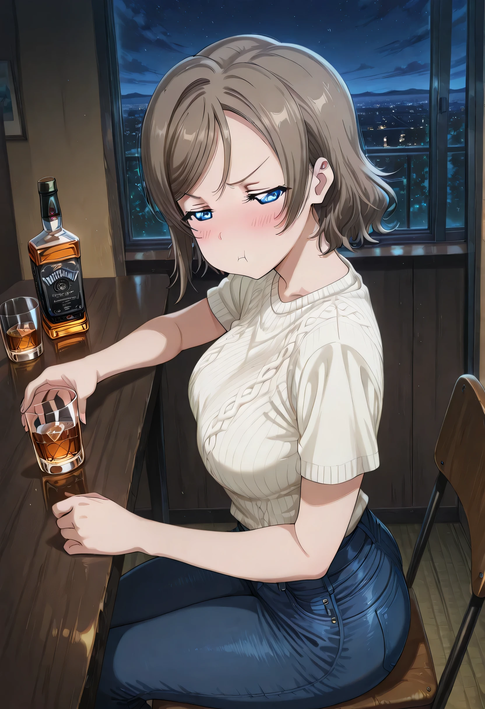 score_9 , score_8_up , score_7_source_anime detailed eyes,anime eyes,high detail eyes,multicolored iris,detailed iris,anime style, 4k masterpiece, best quality, girl, beautiful face, clean skin, shiny hair, shiny skin, beautiful face, perfect eyes, 4k high quality eyes, high quality brightness, best quality, 4k very aesthetic, absurd, perfect body quality, beautiful curves, perfect, perfect genitals, beautiful ambient light, beautiful aesthetics, very realistic scenery, 4k high quality, masterpiece, best quality, absurd, latest, high resolution, official art, best quality, absurd, latest, high resolution, official art, screenshot, anime screenshot, anime coloring, amazing quality 4k, 1girl, you watanabe, watanabe you, blue eyes, brown hair, short hair, swept bangs, mature female, large breasts, <lora:drunk-pouting-illustriousxl-lora-nochekaiser:1>, drunk pouting, solo, looking at viewer, blush, shirt, holding, closed mouth, jewelry, sitting, white shirt, short sleeves, sky, pants, indoors, from side, sweater, cup, window, night, chair, table, bottle, denim, holding cup, night sky, drinking glass, alcohol, jeans, blue pants, :t, pout, whiskey, half-closed eyes,