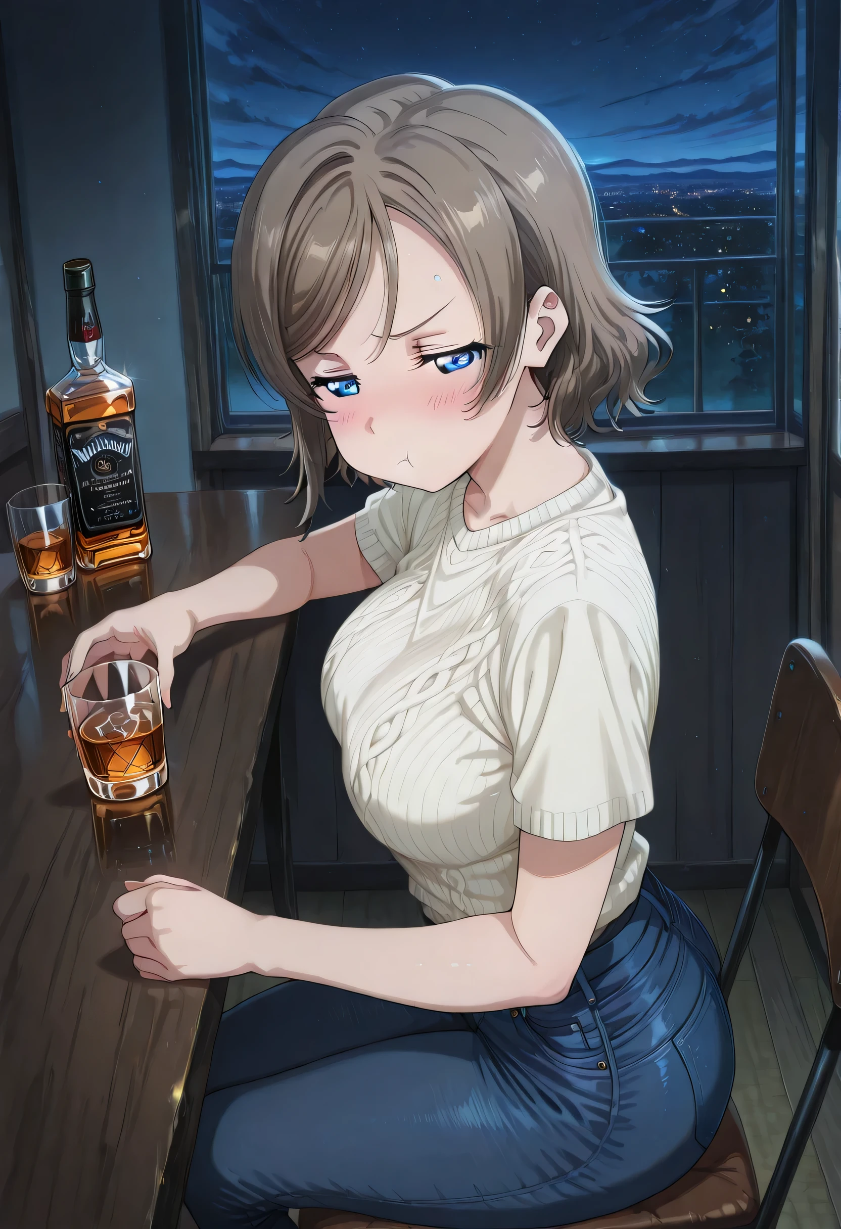 score_9 , score_8_up , score_7_source_anime detailed eyes,anime eyes,high detail eyes,multicolored iris,detailed iris,anime style, 4k masterpiece, best quality, girl, beautiful face, clean skin, shiny hair, shiny skin, beautiful face, perfect eyes, 4k high quality eyes, high quality brightness, best quality, 4k very aesthetic, absurd, perfect body quality, beautiful curves, perfect, perfect genitals, beautiful ambient light, beautiful aesthetics, very realistic scenery, 4k high quality, masterpiece, best quality, absurd, latest, high resolution, official art, best quality, absurd, latest, high resolution, official art, screenshot, anime screenshot, anime coloring, amazing quality 4k, 1girl, you watanabe, watanabe you, blue eyes, brown hair, short hair, swept bangs, mature female, large breasts, <lora:drunk-pouting-illustriousxl-lora-nochekaiser:1>, drunk pouting, solo, looking at viewer, blush, shirt, holding, closed mouth, jewelry, sitting, white shirt, short sleeves, sky, pants, indoors, from side, sweater, cup, window, night, chair, table, bottle, denim, holding cup, night sky, drinking glass, alcohol, jeans, blue pants, :t, pout, whiskey, half-closed eyes,
