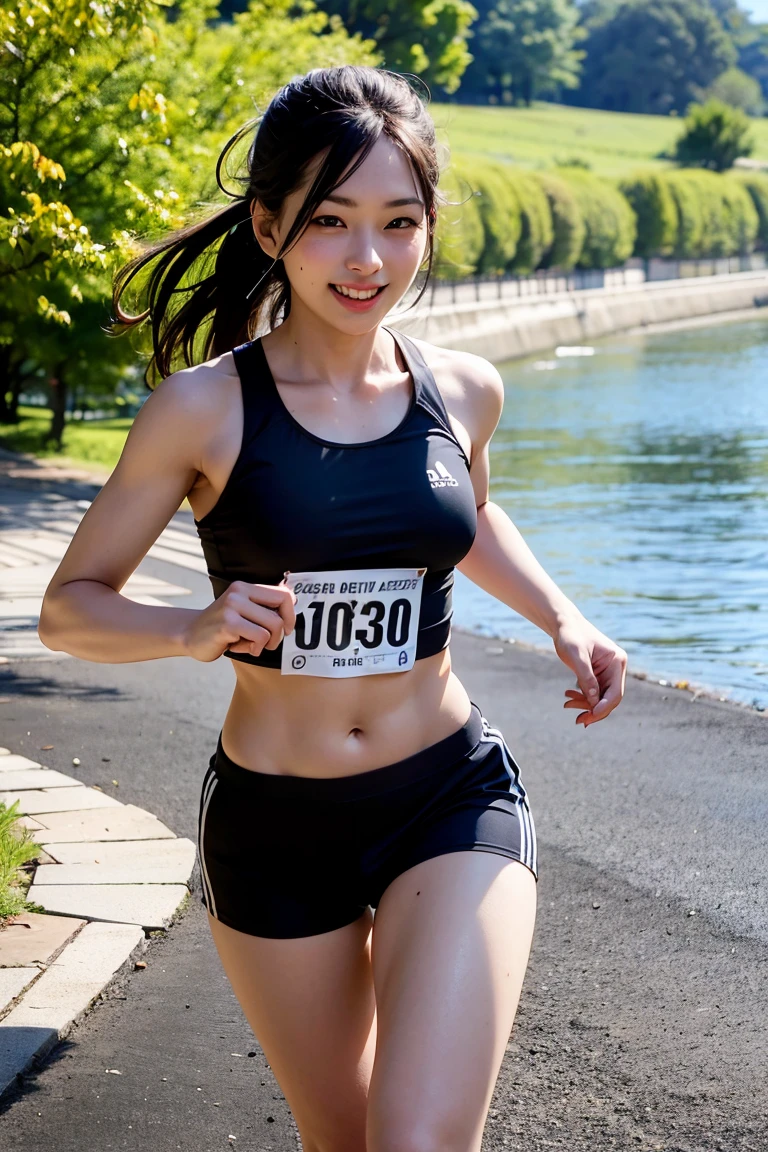 8k、Ultra-high resolution、Highest quality、masterpiece、Realistic、Ultra-high resolution、High-definition RAW color photos、Professional photos、real、photo realistic、(Always big breasts、Definitely a pretty big bust、cleavage)、Vivid lighting、Natural skin texture、Fine skin、Hyperrealism、Intricate details、Depth of written boundary、Adult women、masterpiece、Highest quality、High Detail、Eye highlights、Lip gloss、((Cute smile、((Very Short Hair))、Marathon runner、Streets of skyscrapers,Drive in the center of the road、Dark gray separate uniform for track and field athletes、redSports Bloomers、(Full body running pose):1.5))、running shoes、((running、Must-have red high leg bloomers for competitions,()Crowds along the road,Lots of runners):1.6)),(athletic female,running,Sprinting,((Erect nipples,(on side,face focus))),wet clothes,sweating:1.35)