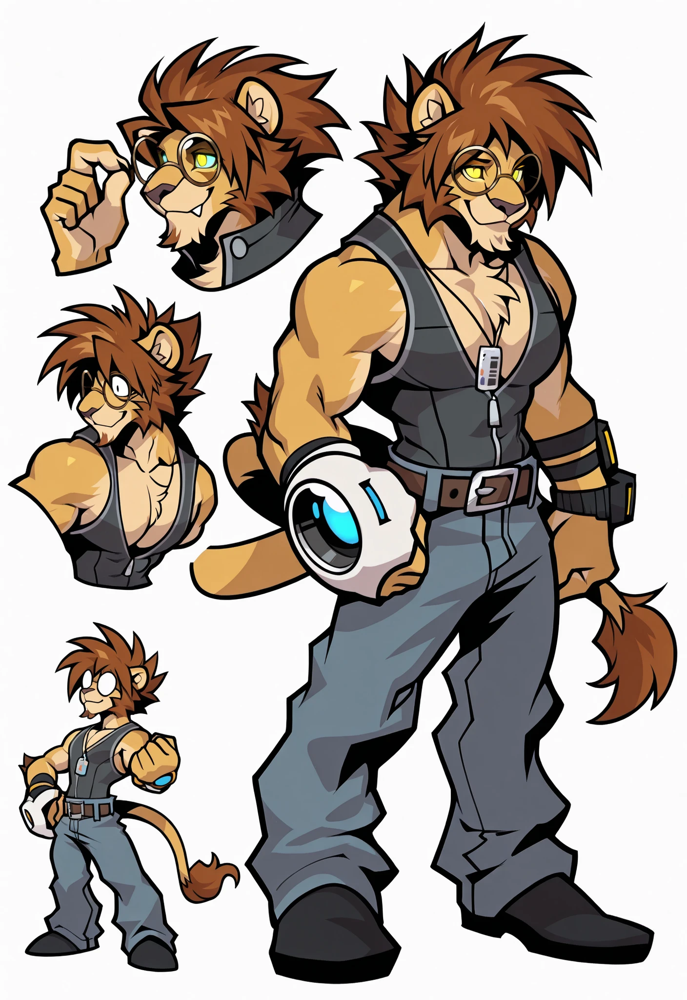Experienced furry character reference sheet adoptable for Cornelius, masterpiece , modern day alternate universe, no background, fullbody, multiple views , best quality , masterpiece , masculine , character sheet , dungeon & dragons , visual novel , featured on Pinterest , dynamic.
Cornelius is a net navi lion boss robot from the megaman star series! Alone, solo, a powerful hunky jock lion man coated in shiny robot master metal! Dynamic battle robotic posture with his mega buster, best Quality, high quality, ultra high resolution, blue glowing eyes, Exquisite Face, solo, alone, handsome, battle anthro lion robot, handsome, null-ghost,Takemoto Arashi, uses time tricks and spears to fight. Score_9_up ,Score_8_up ,Score_7_up ,Score_6_up, best quality, masterpiece, alone, solo, 1boy, ((Cornelius is a middle-aged medium anthro, wears timelord themed gear, posh attitude, lion, gentleman, male, lion, furry, strong jawline, stud, perfect lion face, perfect hands, 5 fingers, no defects, smile, lion ears, lion tail, no markings, no watermark, feline, has brown hair, clean shaven goatee, masterpiece, best quality, Broad shoulders, wears tiny round glasses, high details, perfect eyes, award winning, highres, HD, 16k, fancy watch. Barcode on right chest pec, robotic parts exposed. Laser lights, special effects, Amazing Details, polished reflections, highly detailed face, no defects, no watermarks.