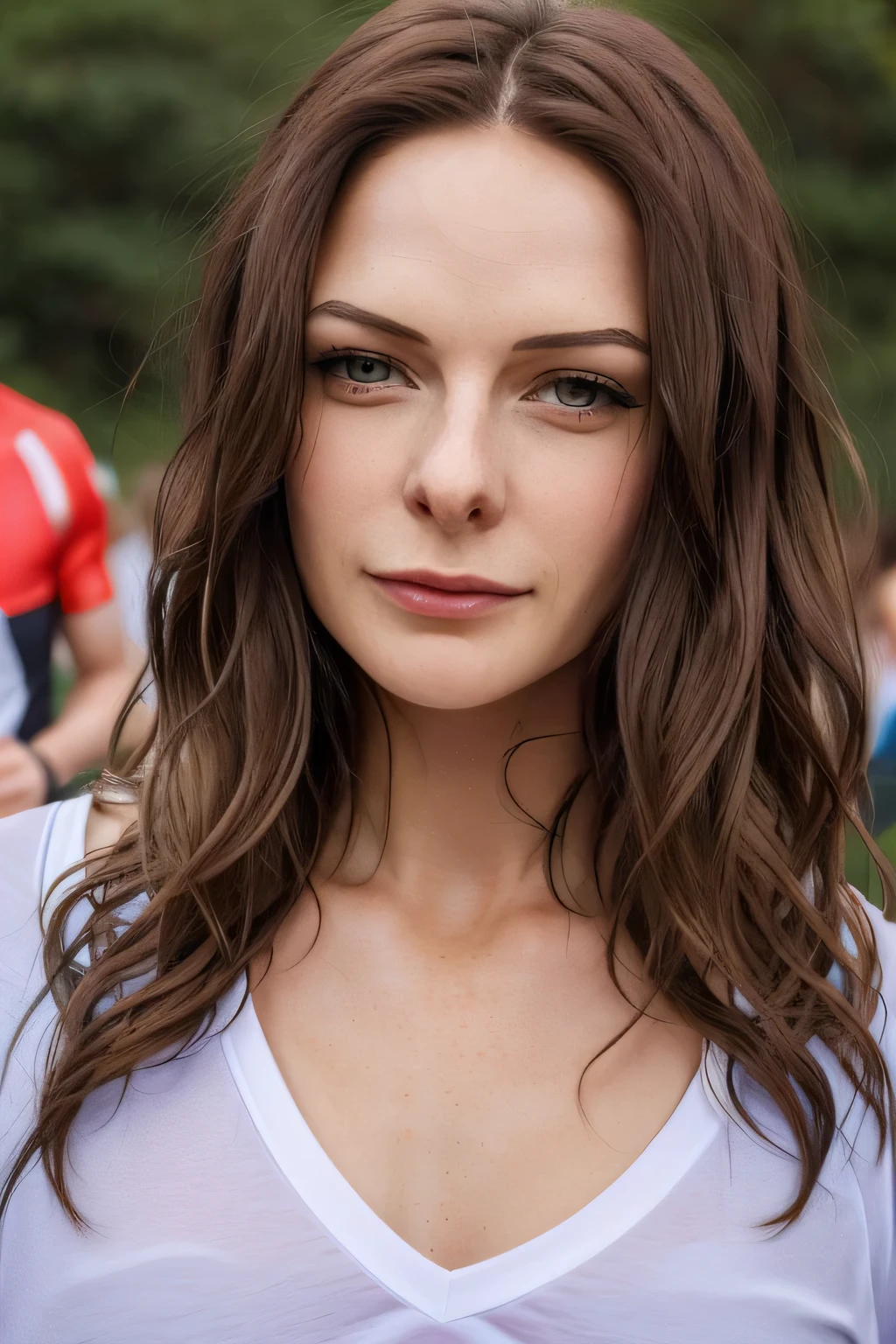 woman with long blond hair，Can you draw a woman with an expression trying out a triathlon，sportswear、real，Picture