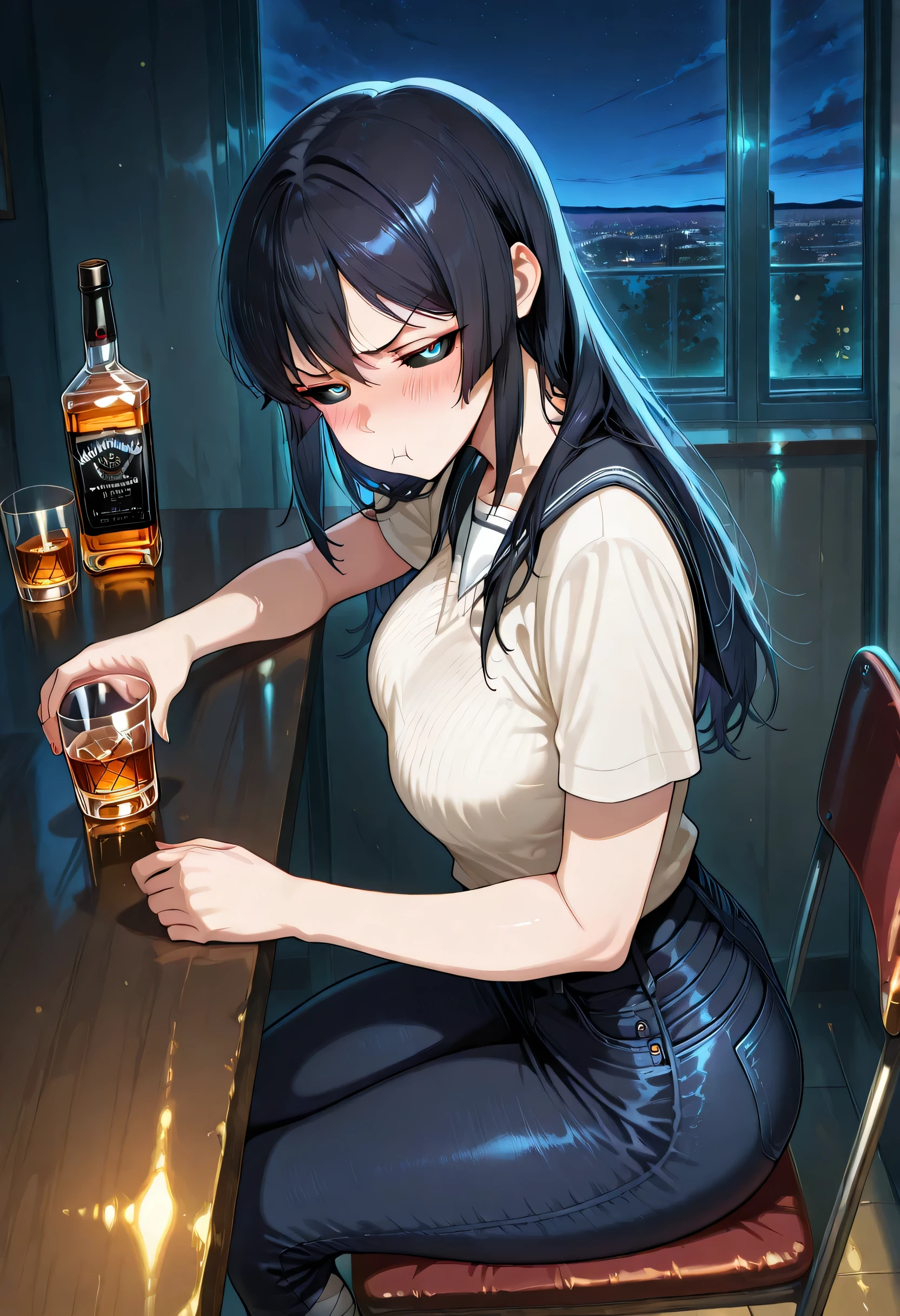 score_9 , score_8_up , score_7_source_anime detailed eyes,anime eyes,high detail eyes,multicolored iris,detailed iris,anime style, 4k masterpiece, best quality, girl, beautiful face, clean skin, shiny hair, shiny skin, beautiful face, perfect eyes, 4k high quality eyes, high quality brightness, best quality, 4k very aesthetic, absurd, perfect body quality, beautiful curves, perfect, perfect genitals, beautiful ambient light, beautiful aesthetics, very realistic scenery, 4k high quality, masterpiece, best quality, absurd, latest, high resolution, official art, best quality, absurd, latest, high resolution, official art, screenshot, anime screenshot, anime coloring, amazing quality 4k, 1girl, karlaillu, black sclera,school uniform, black serafuku, black skirt, bandaged leg, large breasts, <lora:drunk-pouting-illustriousxl-lora-nochekaiser:1>, drunk pouting, solo, looking at viewer, blush, shirt, holding, closed mouth, jewelry, sitting, white shirt, short sleeves, sky, pants, indoors, from side, sweater, cup, window, night, chair, table, bottle, denim, holding cup, night sky, drinking glass, alcohol, jeans, blue pants, :t, pout, whiskey, half-closed eyes,