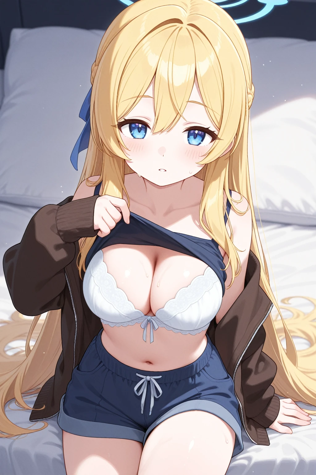1 girls, (detailed light blue eyes, lange wimpern, detailed beautiful face:1.1), 4k quality, twintails, Haare Seiten nach oben, (Long blonde hair:1.4), (arms behind back:1.3), (big breasts:1.5), (blushing:1.5), long hair, hair between eyes, (white skirt, loose fit White crop top with a big cutout, skirt gets lifted Up, 18 years old:1.4), (bondage:1.3), erhobene Augenbrauen, pralle Brüste, OTN, White Gag, gagged, (knieend:1.5), (kneeling In a modern Apartment in a big bed, big window in the background with a beach:1.6), ängstlicher Gesichtsausdruck