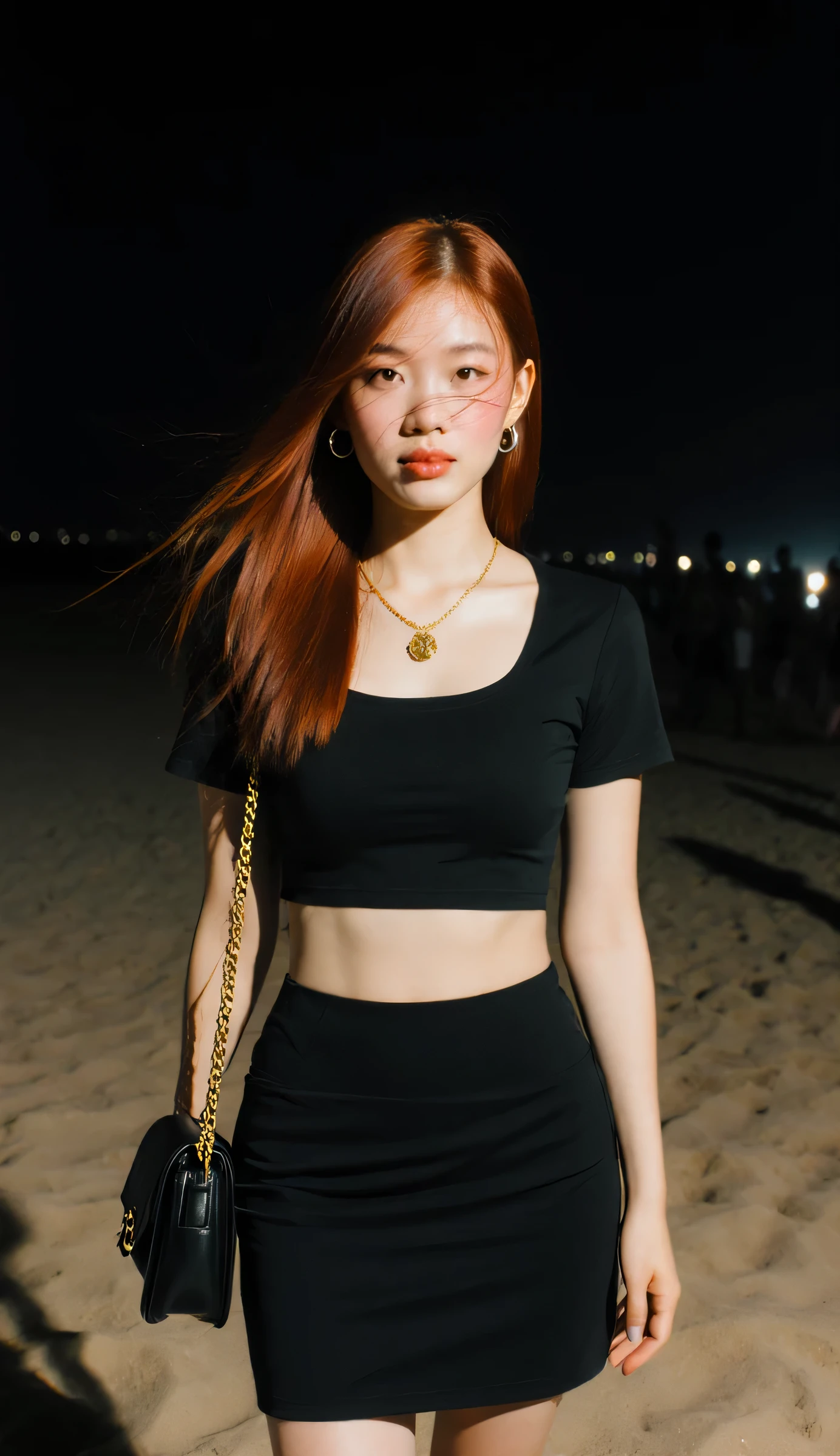 {
"PROMPT": "FORCE: Ultra-realistic candid nightlife photo. Naomi, young Filipino woman, slim with prominently large bust . Standing naturally on the sand, full body visible, eye-level angle, vertical 9:16 framing. Outfit: tight black crop top and black mini skirt, with black shoulder bag (gold chain strap), gold necklace, and small silver hoop earrings. Hair red, straight, shoulder-length, slightly windswept with strands partly covering her face. Expression: lips slightly parted, glancing toward viewer. FORCE: Lighting MUST be PURE DSLR flash only — harsh, direct, overexposed, no , true white flash. FORCE: Highlights blown out on face and torso, harsh deep shadows behind her, strong specular reflections on cheeks, lips, necklace, and bag strap. Background: outdoor dark beach at night, sand lit under flash, horizon line faint, silhouettes of distant figures barely visible at flash edge. NO BOKEH — everything captured sharply within flash range. Slight motion blur on hair, arms, skirt hem for realism. FORCE: Raw candid film look, nightlife realism.",
"NEGATIVE_PROMPT": "NO bokeh blur, NO soft focus, NO cinematic glow, NO warm tint, NO fake HDR, NO AI beauty filters. Must look like RAW DSLR flash candid photo."
}