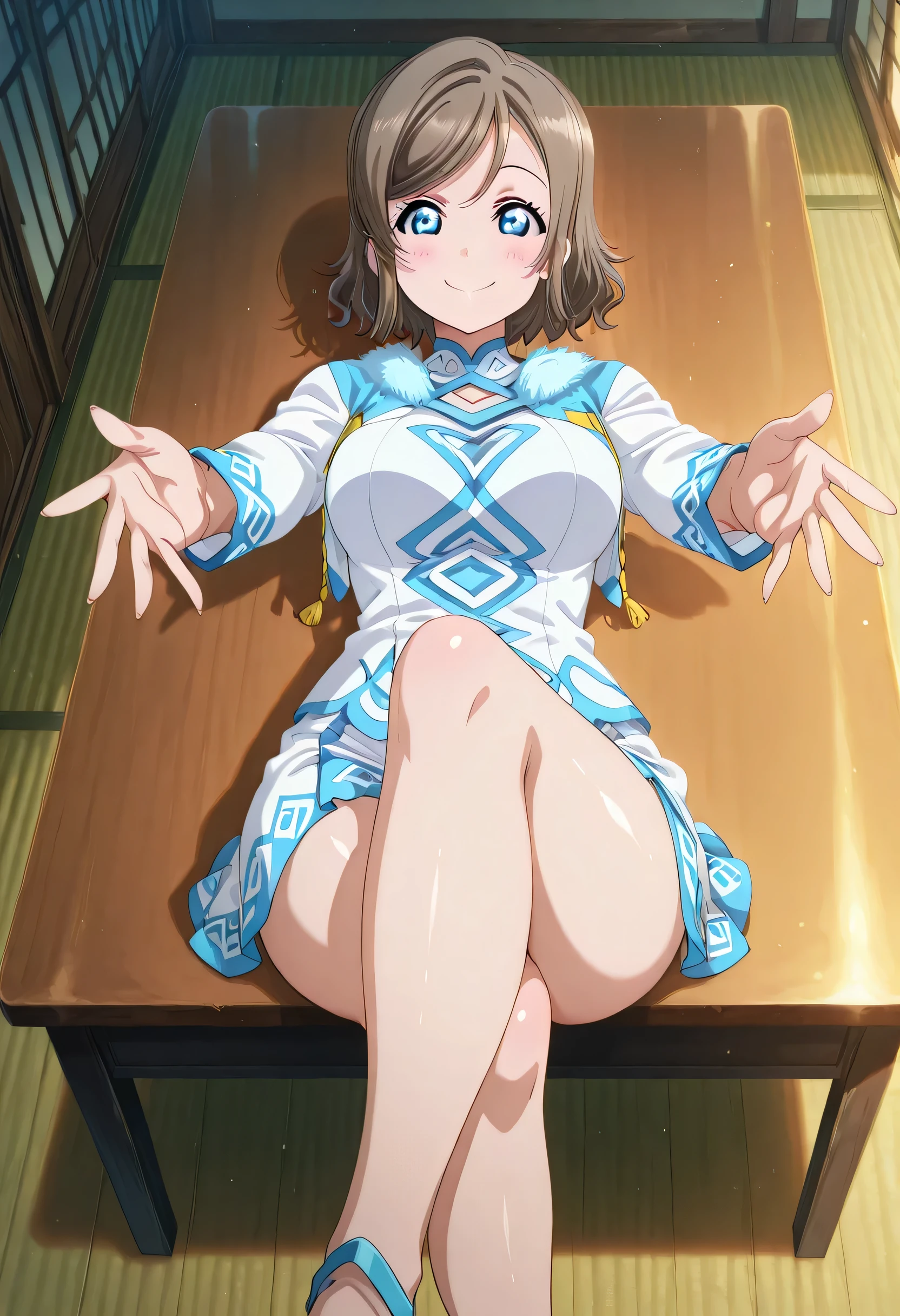 score_9 , score_8_up , score_7_source_anime detailed eyes,anime eyes,high detail eyes,multicolored iris,detailed iris,anime style, 4k masterpiece, best quality, girl, beautiful face, clean skin, shiny hair, shiny skin, beautiful face, perfect eyes, 4k high quality eyes, high quality brightness, best quality, 4k very aesthetic, absurd, perfect body quality, beautiful curves, perfect, perfect genitals, beautiful ambient light, beautiful aesthetics, very realistic scenery, 4k high quality, masterpiece, best quality, absurd, latest, high resolution, official art, best quality, absurd, latest, high resolution, official art, screenshot, anime screenshot, anime coloring, amazing quality 4k, 1girl, you watanabe, watanabe you, blue eyes, brown hair, short hair, swept bangs, mature female, large breasts, <lora:crossed-legs-reaching-towards-viewer-illustriousxl-lora-nochekaiser:1>, crossed legs reaching towards viewer, solo, looking at viewer, blush, smile, closed mouth, sitting, lying, indoors, on back, crossed legs, outstretched arms, on table, on desk,