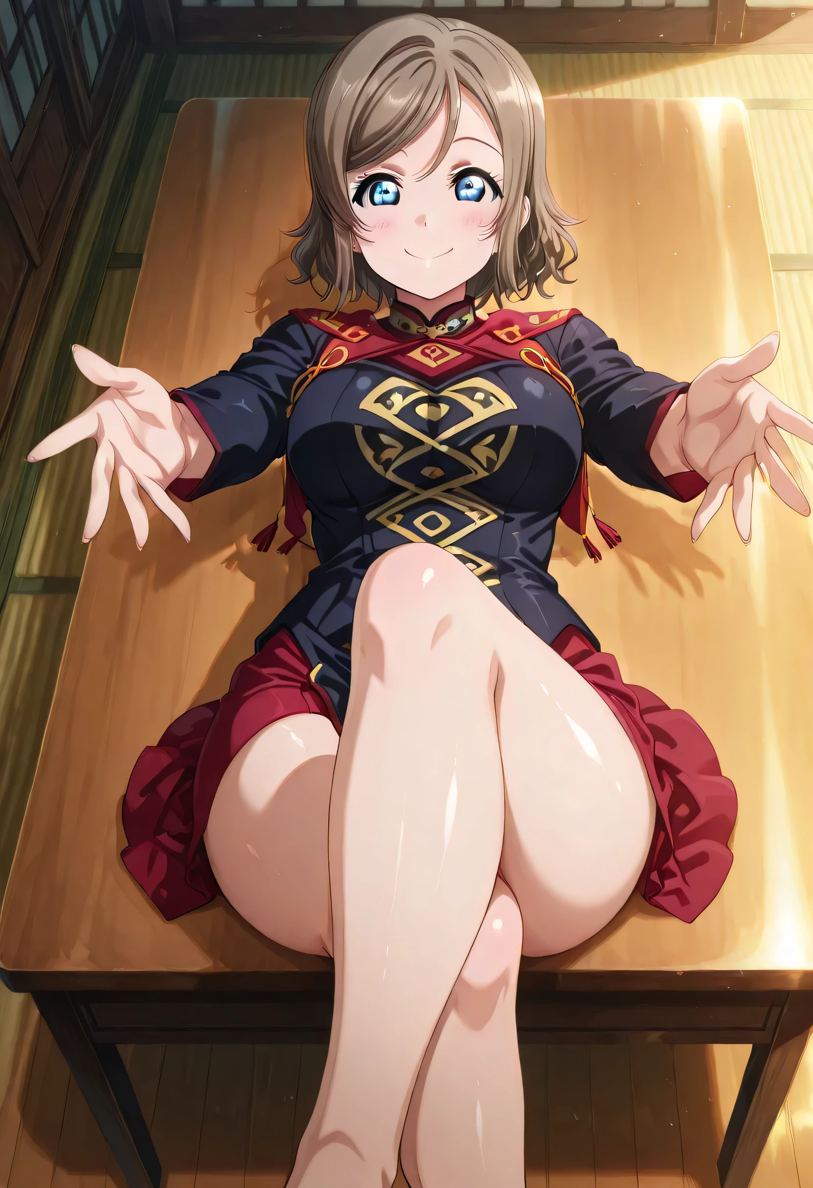 score_9 , score_8_up , score_7_source_anime detailed eyes,anime eyes,high detail eyes,multicolored iris,detailed iris,anime style, 4k masterpiece, best quality, girl, beautiful face, clean skin, shiny hair, shiny skin, beautiful face, perfect eyes, 4k high quality eyes, high quality brightness, best quality, 4k very aesthetic, absurd, perfect body quality, beautiful curves, perfect, perfect genitals, beautiful ambient light, beautiful aesthetics, very realistic scenery, 4k high quality, masterpiece, best quality, absurd, latest, high resolution, official art, best quality, absurd, latest, high resolution, official art, screenshot, anime screenshot, anime coloring, amazing quality 4k, 1girl, you watanabe, watanabe you, blue eyes, brown hair, short hair, swept bangs, mature female, large breasts, <lora:crossed-legs-reaching-towards-viewer-illustriousxl-lora-nochekaiser:1>, crossed legs reaching towards viewer, solo, looking at viewer, blush, smile, closed mouth, sitting, lying, indoors, on back, crossed legs, outstretched arms, on table, on desk,