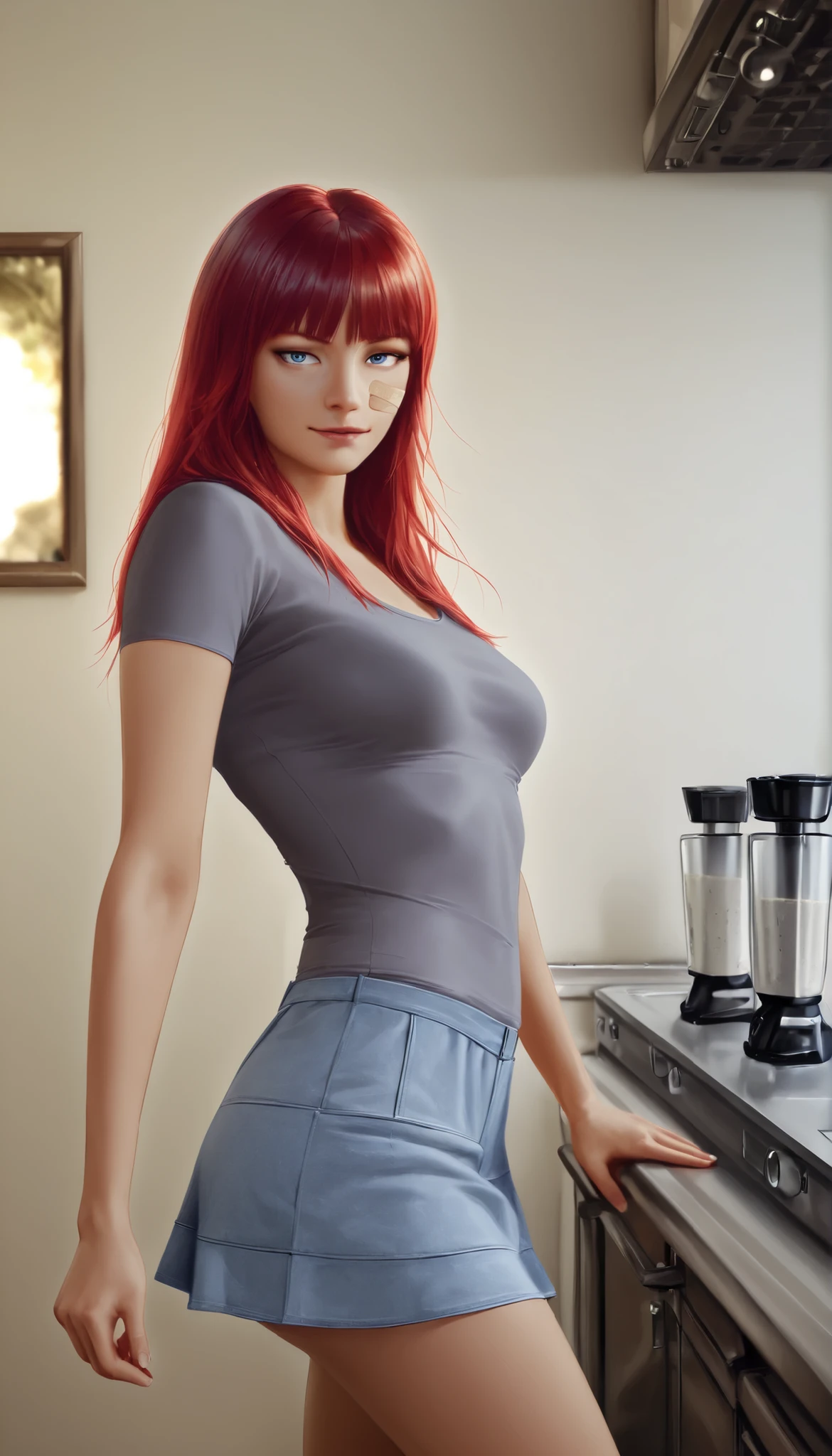 ((RAW Photo), Absurds, (Absurd Resolution)), ((Hyperrealism, Photorealistic)), (beautiful girl, 21 years old), (volumetric lighting, photorealistic), (extremely detailed, highest quality Digital Art), (beautiful woman, 21 years old), (blue eyes), (red hair, straight, ironed, bangs), (outfit: miniskirt, tight shirt), (sensual pose), (, arrogant), (((puts a band-aid on a blender))), (background: common kitchen), (View: Photographic Perspective). «SunPuma S»
