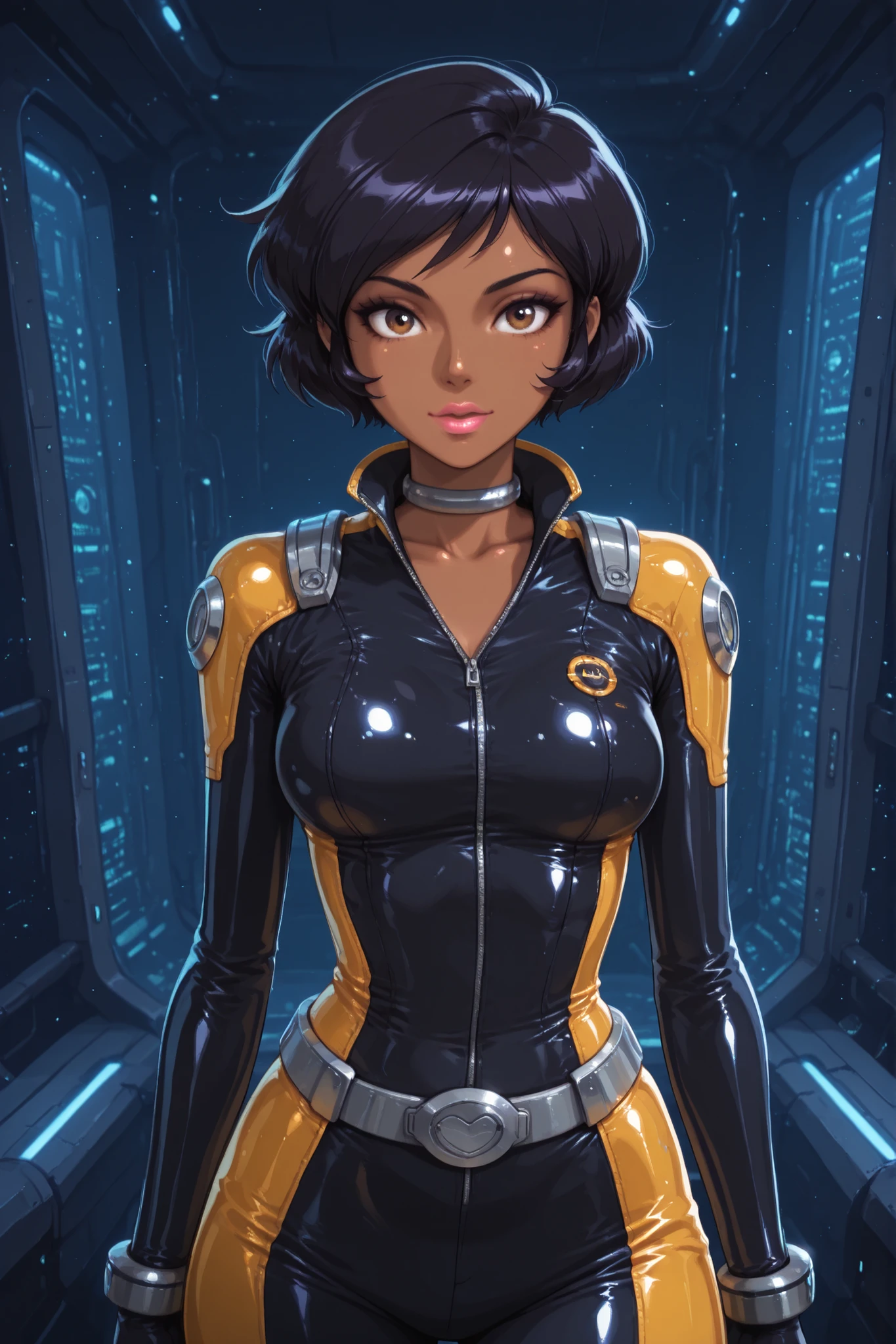 masterpiece, best quality, good quality, cartoon, totally_spies_2k24 alex, black hair, short hair, brown eyes, dark-skinned female, pink lips, medium breasts, choker. |  ((best quality)), ((masterpiece)), (detailed), hyperrealistic, sci-fi, photo of a woman wearing engineeringsuit standing in a space station, shiny armor, realistic materials, dramatic lighting, wallpaper, intricate, sharp focus, ray tracing, rtx, professionally color graded, professional photography, high quality, 4k, 8k, raw 