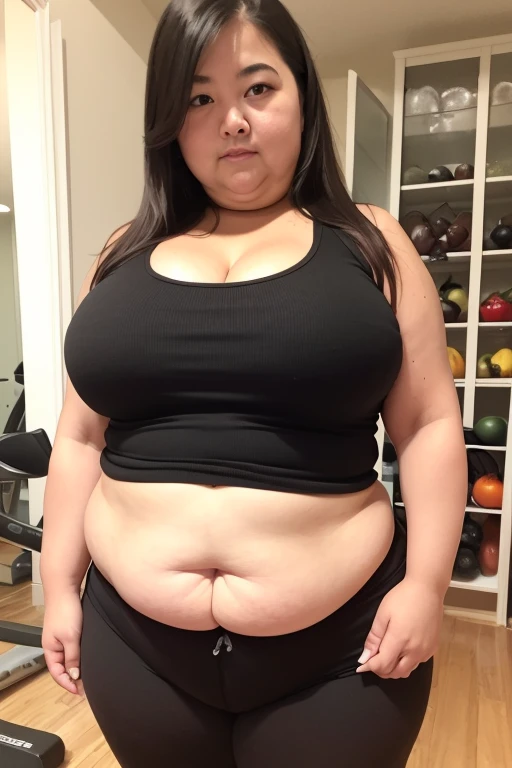 130kg extremely obese woman, abdominal exposure, exposed navel, mini skirt, high heel, earring, necklace, bracelet