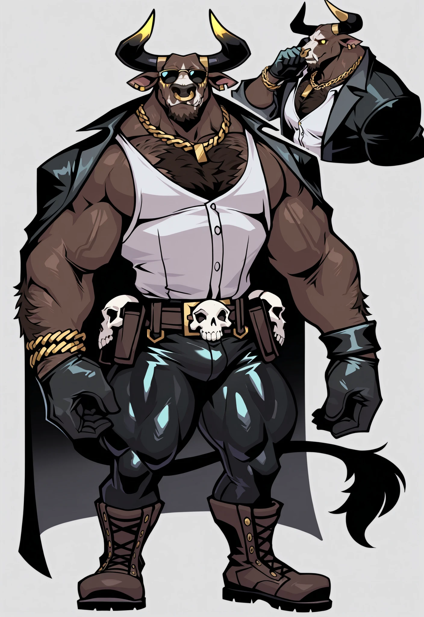 Experienced furry character reference sheet adoptable for Hugo, masterpiece , modern day alternate universe, no background, fullbody, multiple views , best quality , masterpiece , masculine , character sheet , dungeon & dragons , visual novel , featured on Pinterest , dynamic.
Hugo is a super hero! Masterpiece, best quality, amazing quality, solo, 1boy, null-ghost, masterpiece, best quality, amazing quality, solo, 1boy, null-ghost, visual novel, detailed face, detailed body, perfect , masterpiece, high quality, best quality, hairy, brown fur covered, thick fur, crowded, Hugo the minotaur from Wolfstar: Sins and Paradise, large dark brown bull man, bull head, bull ears, massive thick muscles, thick fluffy hair, with a human skull facial paint, powerful bull horns, huge hunk, perfect body, no defects, black sunglasses, left ear has a bite taken out of it, wears a gold nose ring, bottom lip and right ear have gold stud piercing, wears gold chain around his left wrist, yellow eyes, glowing eyes, muscular, broad shoulders, thick thighs, big pecs, bald, facial hair, wearing super suit, spandex, long cape, no defects, no watermarks, perfect eyes, 5 fingers, perfect hands, wears a utility belt, tight boots, gloves.